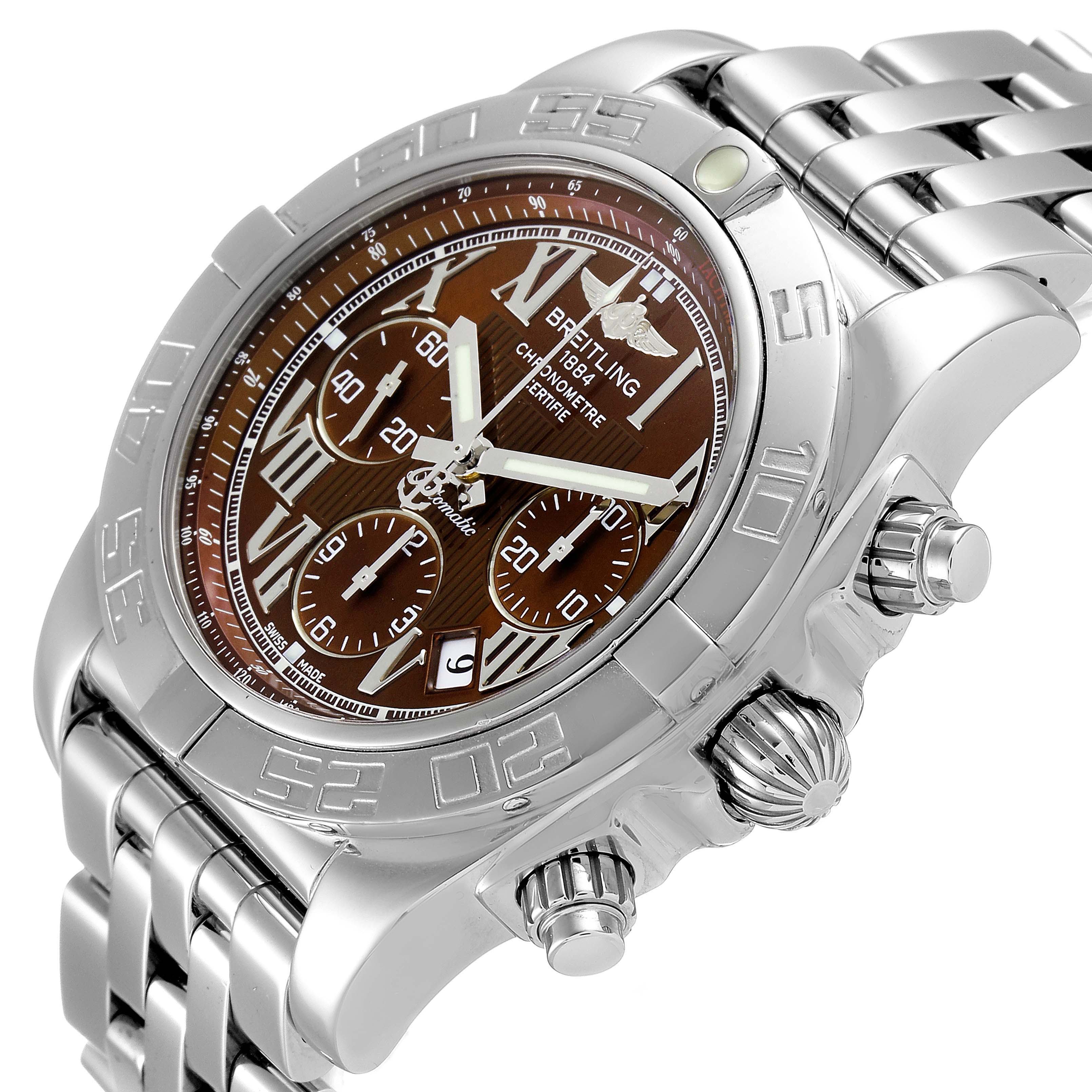 This image showcases a Breitling Chronomat AB0110 Men's Stainless Steel Brown Dial AB0110 Men's Stainless Steel Brown Dial watch at an angled view, highlighting the face, bezel, chronographs, and a portion of the bracelet.