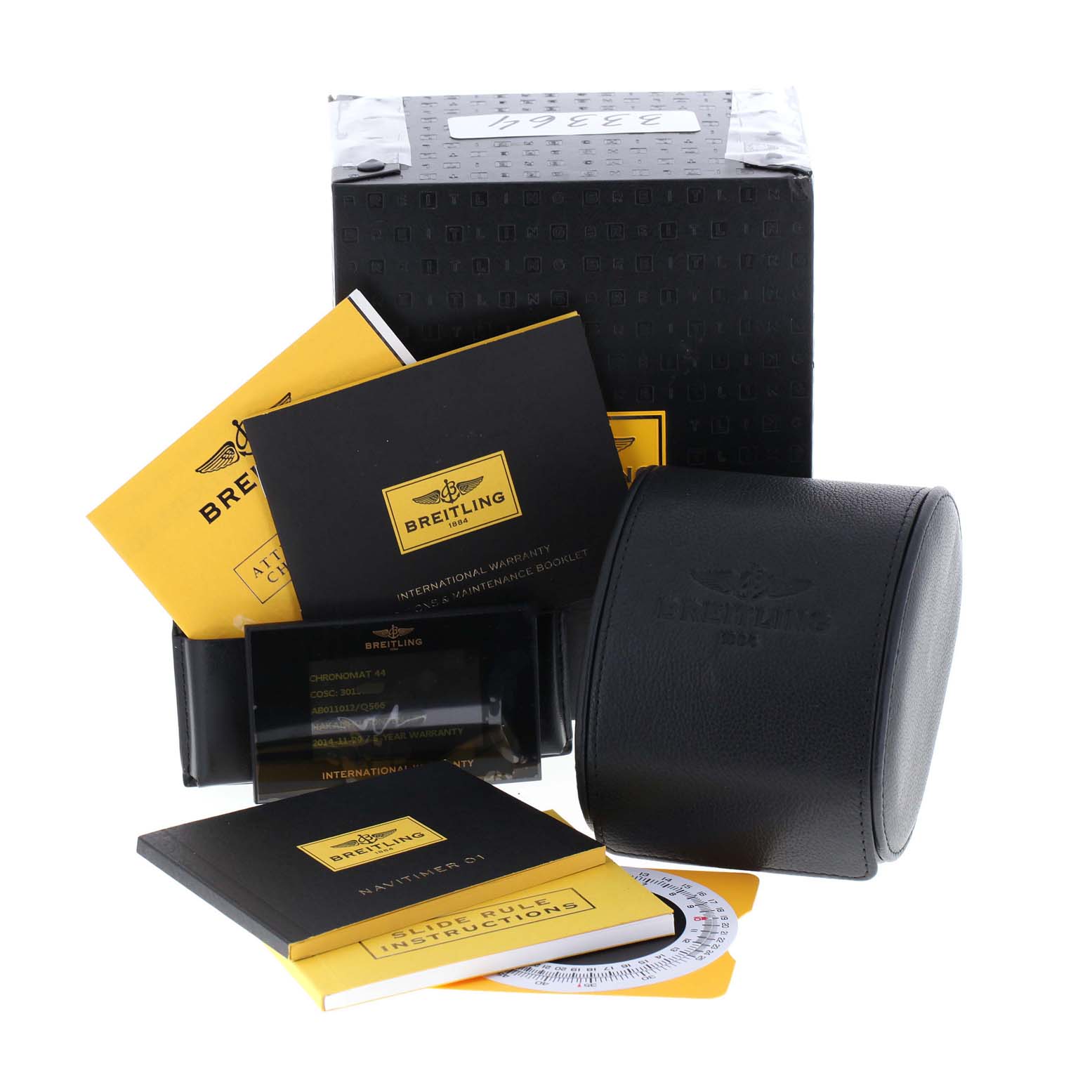 The image shows the packaging, warranty booklets, and case for a Breitling Chronomat AB0110 Men's Stainless Steel Brown Dial AB0110 Men's Stainless Steel Brown Dial model watch.