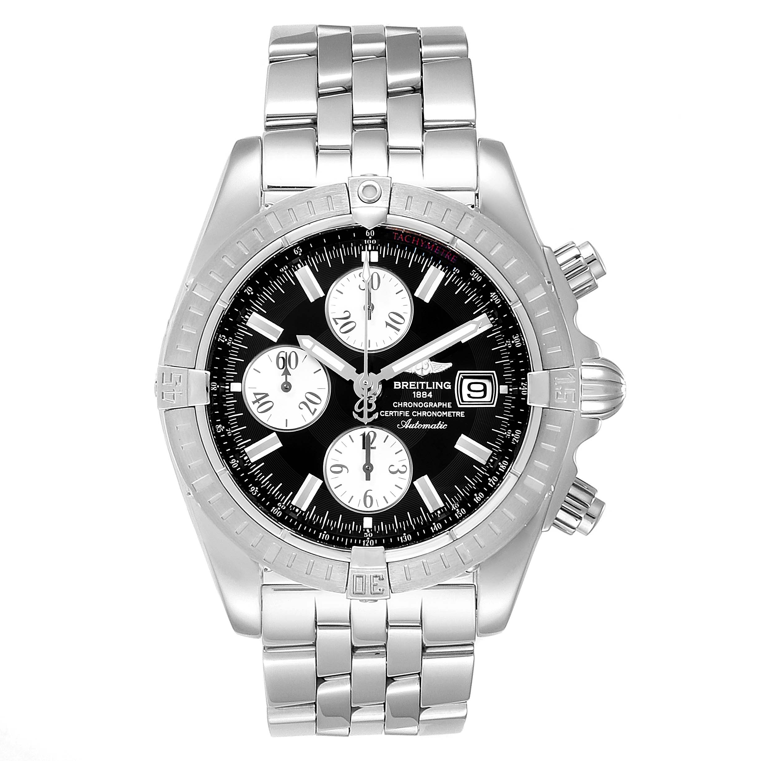 The image shows a front view of the Breitling Chronomat A13356 Men's Stainless Steel Black Dial A13356 Men's Stainless Steel Black Dial watch, displaying the face, bezel, and metal bracelet.
