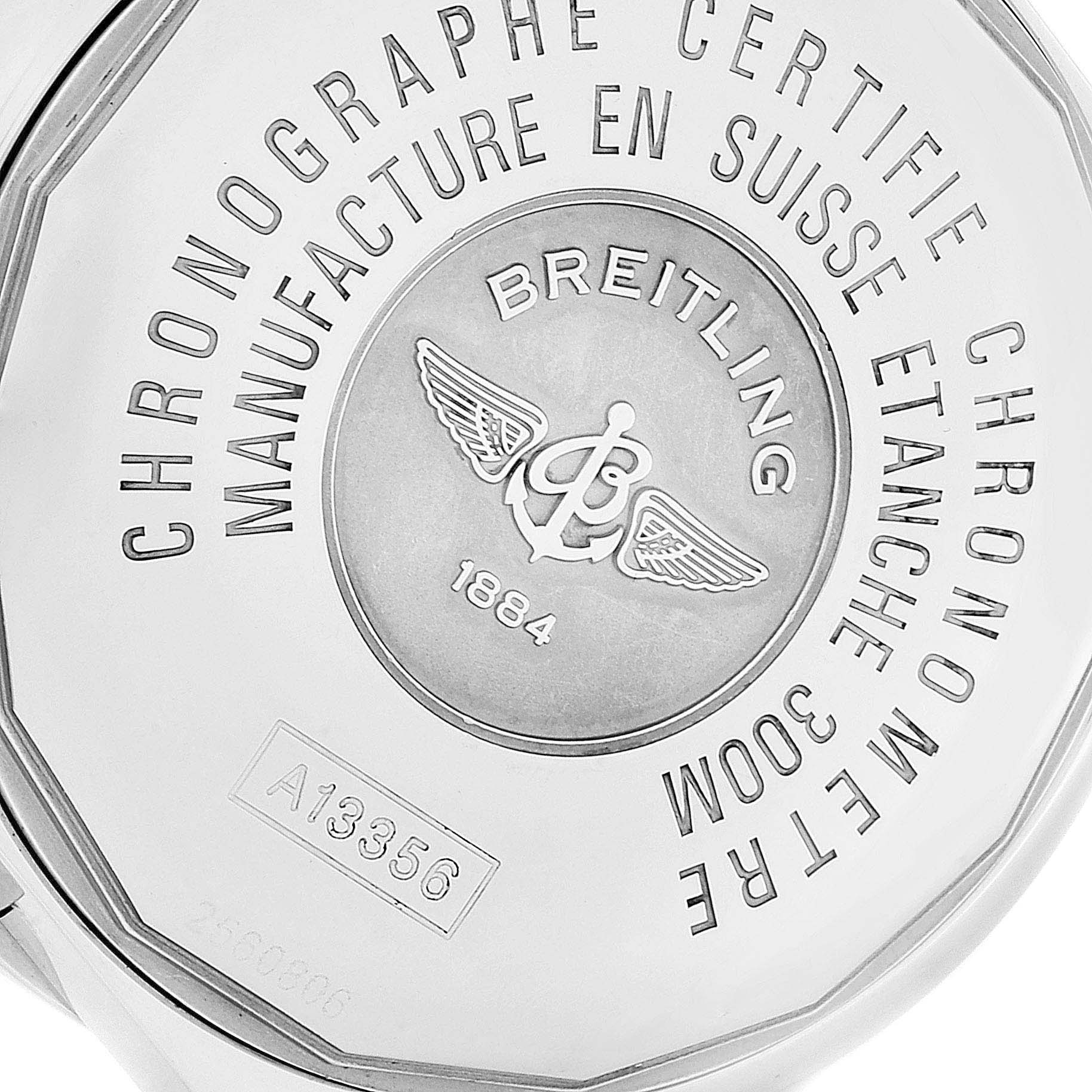 The image shows the back of a Breitling Chronomat A13356 Men's Stainless Steel Black Dial A13356 Men's Stainless Steel Black Dial watch, displaying its model number, brand logo, and certification details.