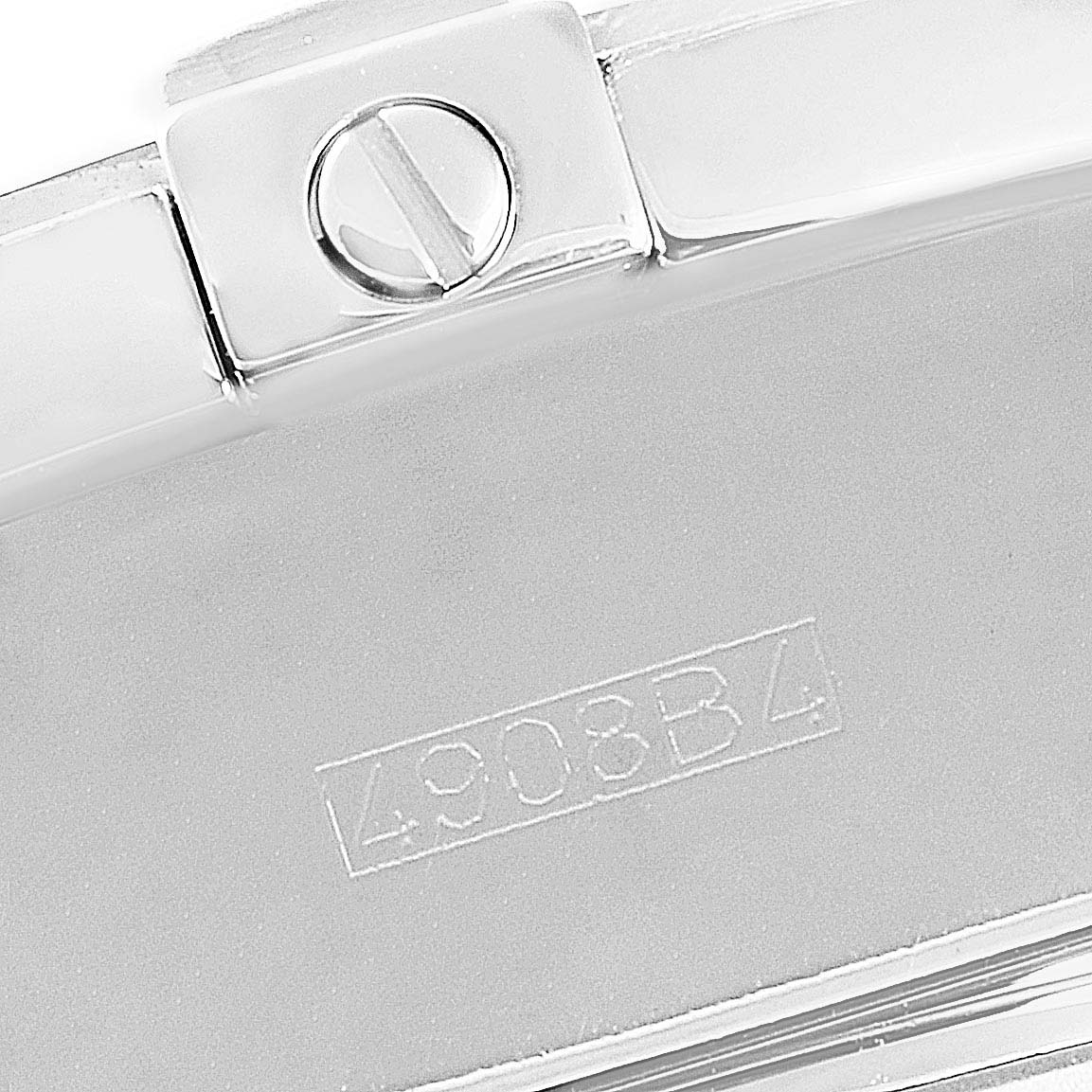 Close-up of the clasp and bracelet of a Breitling Chronomat A13356 Men's Stainless Steel Black Dial A13356 Men's Stainless Steel Black Dial watch, showing a screw and stamped reference number.