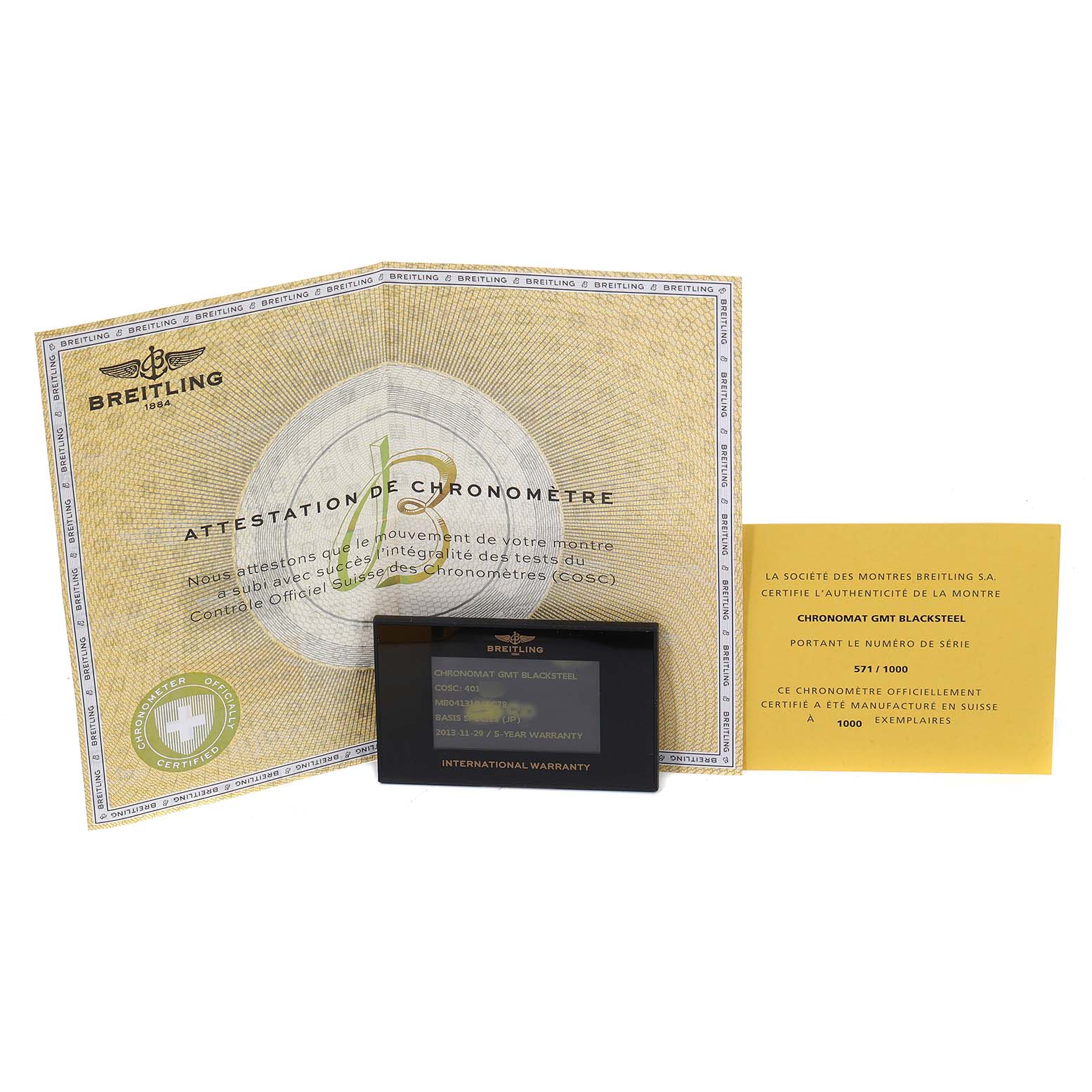 The image shows the warranty card and authenticity certificates for the Breitling Chronomat MB041310/BC78-155S Men's Stainless Steel Black Dial MB041310/BC78-155S Men's Stainless Steel Black Dial watch model.