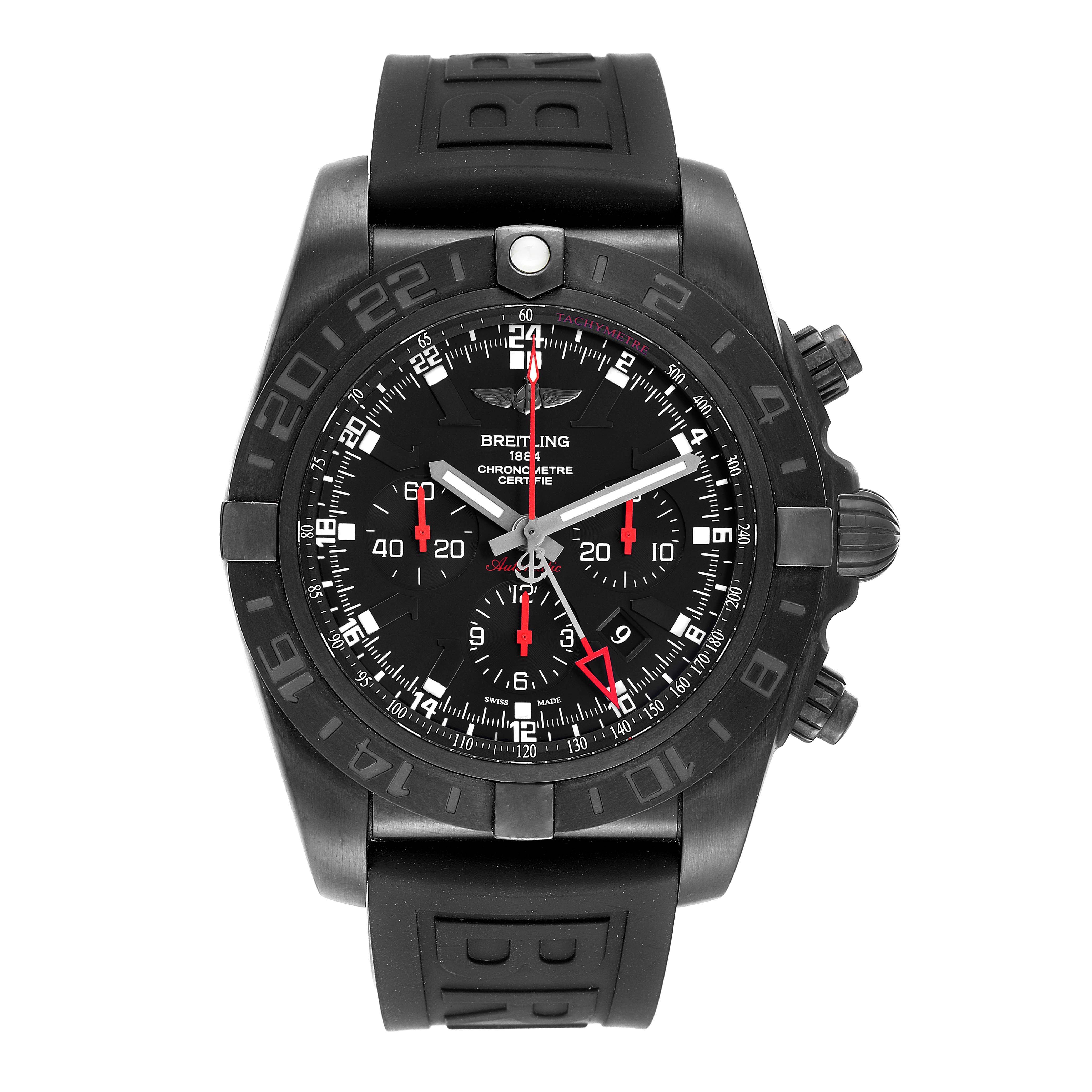 This image shows a top view of a Breitling Chronomat MB041310/BC78-155S Men's Stainless Steel Black Dial MB041310/BC78-155S Men's Stainless Steel Black Dial watch, displaying the dial, bezel, and rubber strap in black.