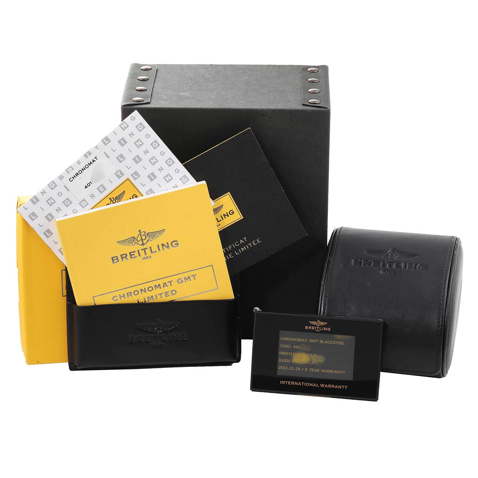 The image shows the accessories for a Breitling Chronomat MB041310/BC78-155S Men's Stainless Steel Black Dial MB041310/BC78-155S Men's Stainless Steel Black Dial model, including a box, leather pouch, booklet, and warranty card.