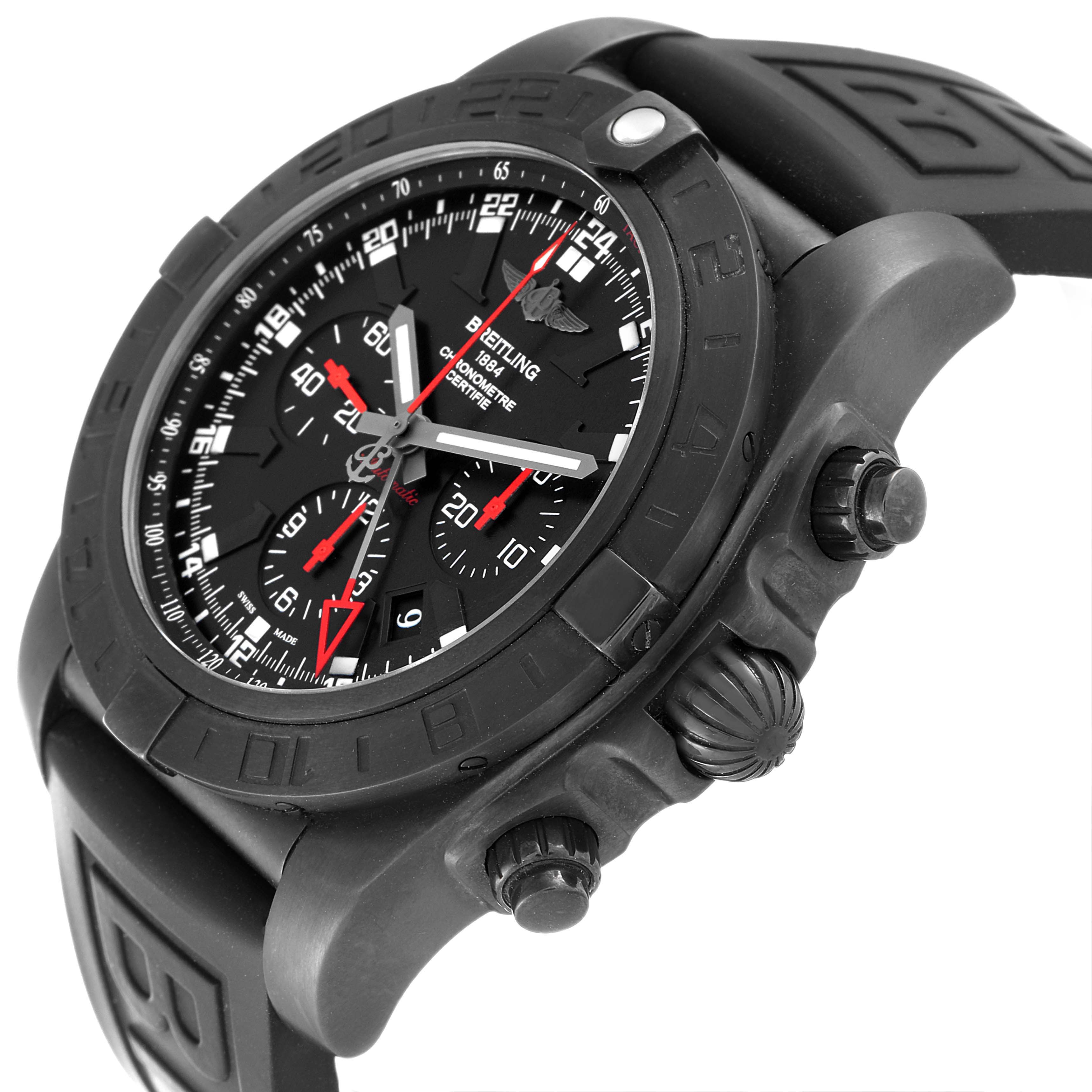 The image shows a side angle view of the Breitling Chronomat MB041310/BC78-155S Men's Stainless Steel Black Dial MB041310/BC78-155S Men's Stainless Steel Black Dial watch, highlighting its face, bezel, crown, and pushers.