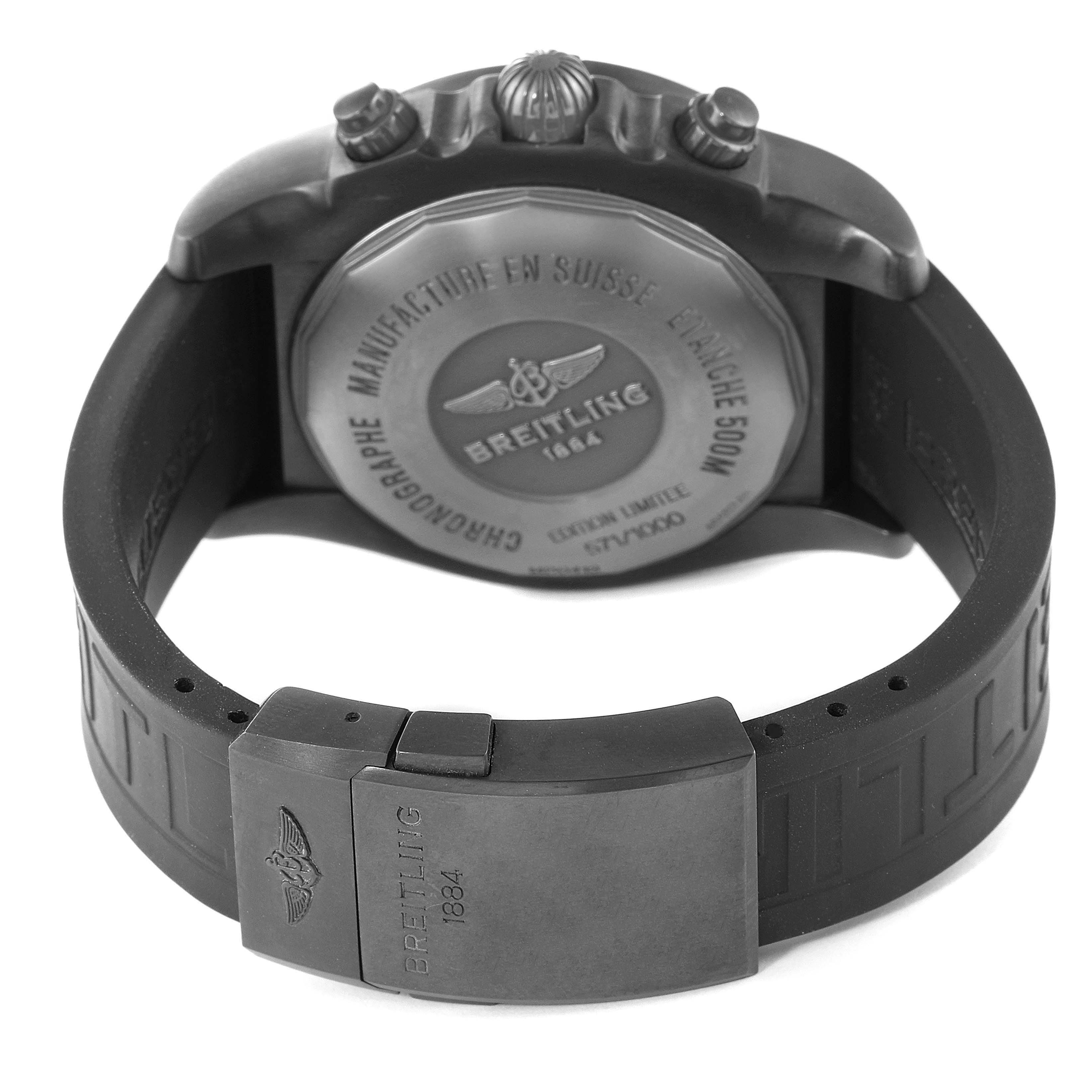 The image shows the back view of a Breitling Chronomat MB041310/BC78-155S Men's Stainless Steel Black Dial MB041310/BC78-155S Men's Stainless Steel Black Dial model watch, including the case back, crown, buttons, and part of the rubber strap and clasp.