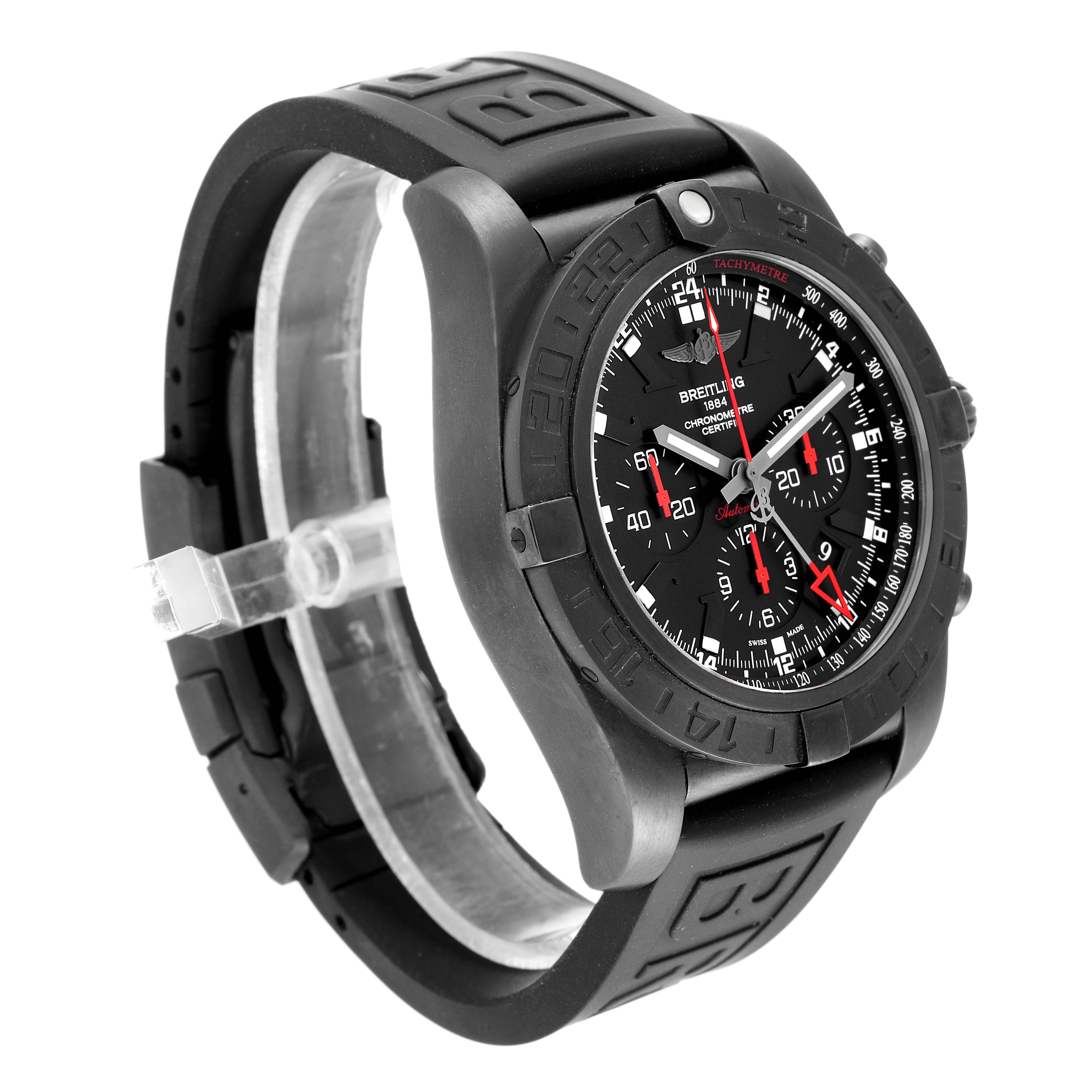 The image shows a Breitling Chronomat MB041310/BC78-155S Men's Stainless Steel Black Dial MB041310/BC78-155S Men's Stainless Steel Black Dial watch from a left front angle, highlighting the dial, case, and rubber strap.