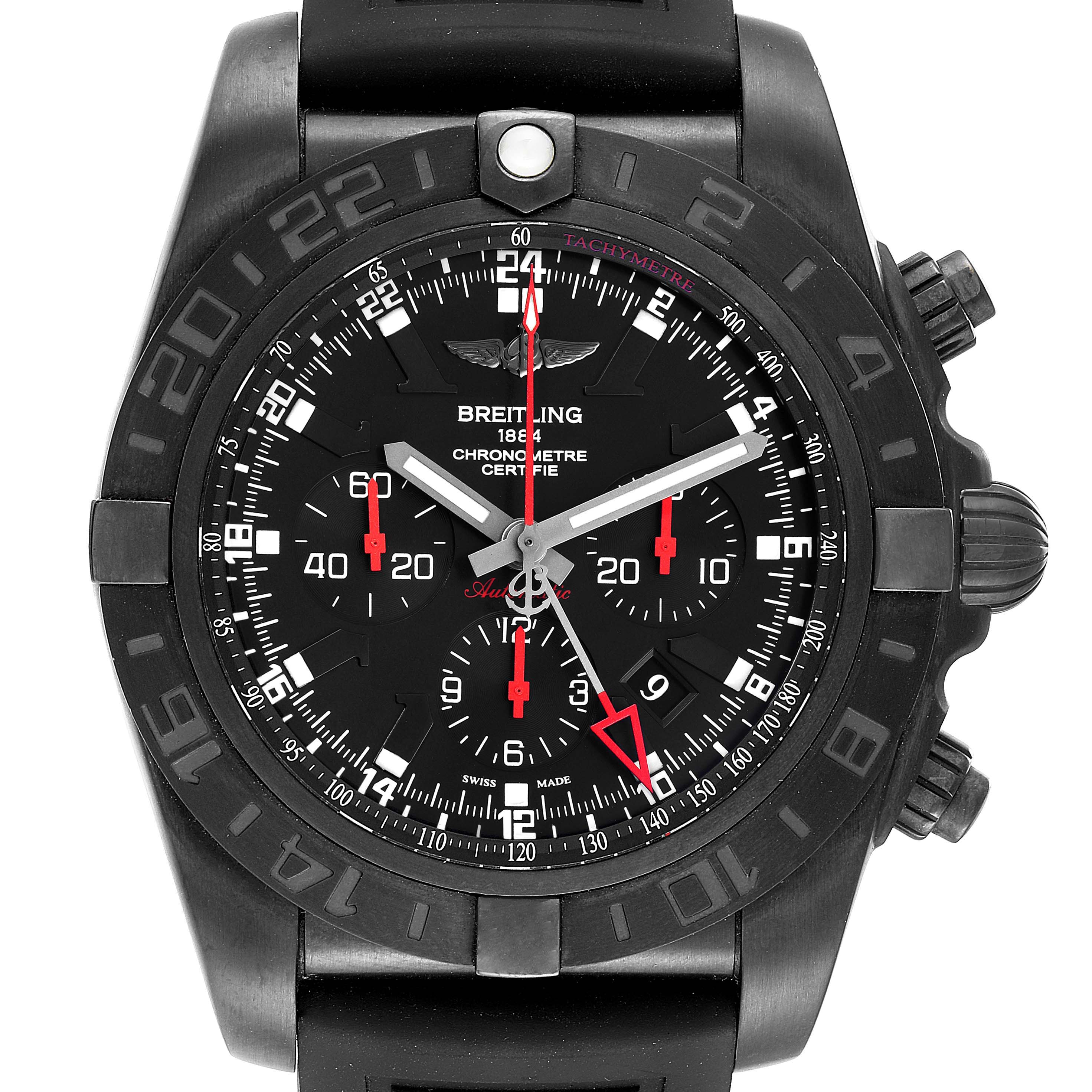 The image shows a front view of the Breitling Chronomat MB041310/BC78-155S Men's Stainless Steel Black Dial MB041310/BC78-155S Men's Stainless Steel Black Dial watch, including its face, bezel, and pushers.
