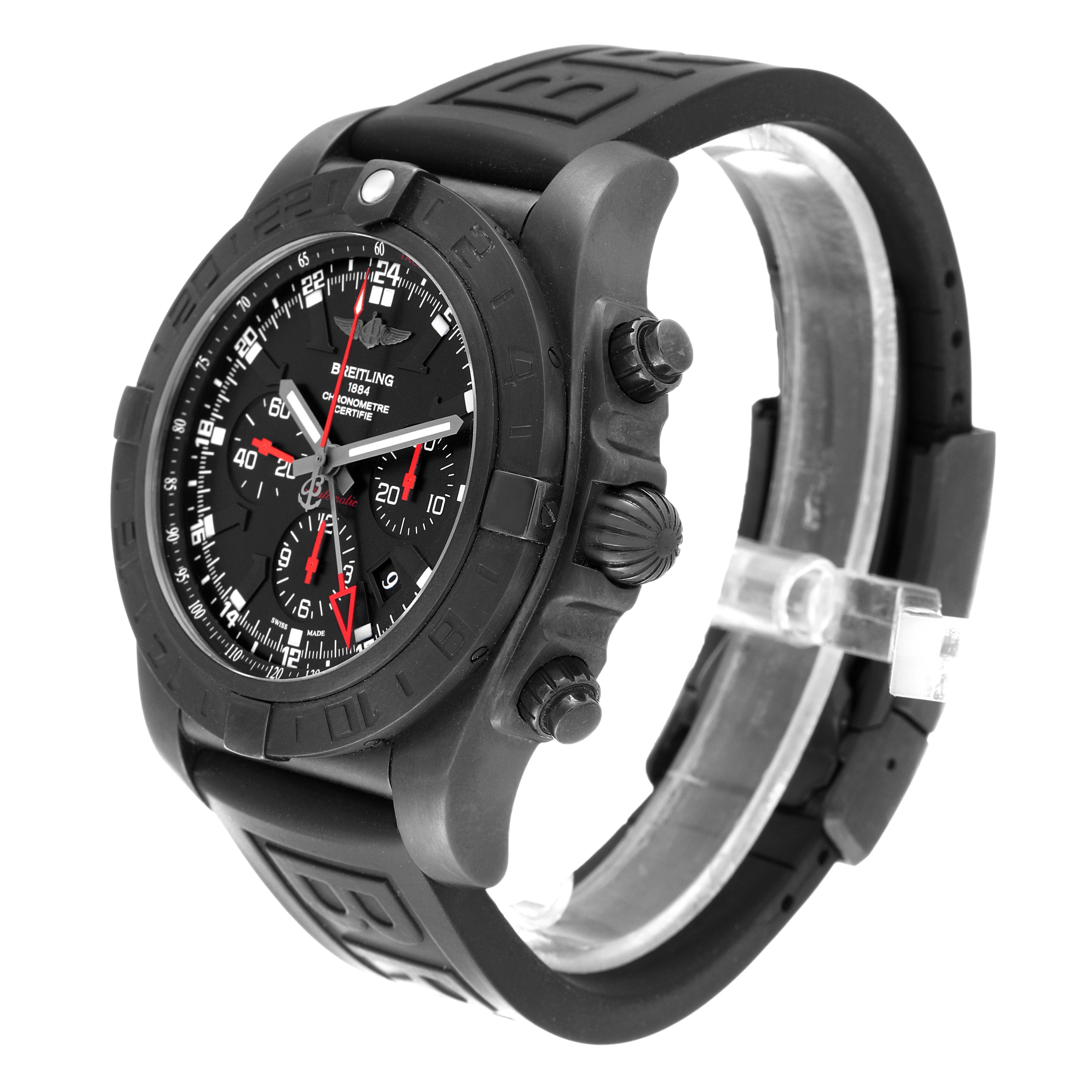 The image shows a side angle of a Breitling Chronomat MB041310/BC78-155S Men's Stainless Steel Black Dial MB041310/BC78-155S Men's Stainless Steel Black Dial watch, highlighting the strap, bezel, dial, and pushers.