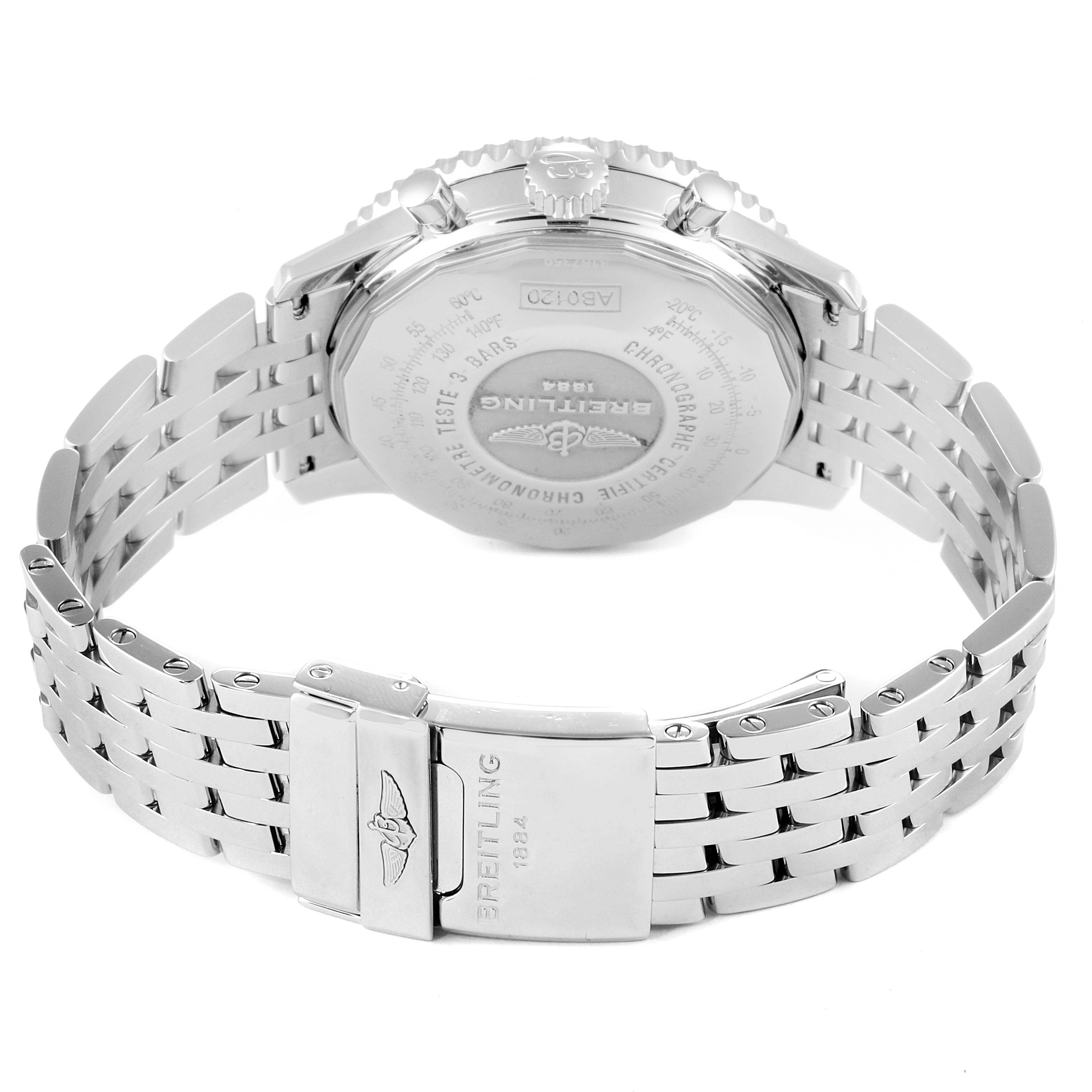 The image shows the back case and metal bracelet of a Breitling Navitimer AB0120 Men's Stainless Steel Black Dial AB0120 Men's Stainless Steel Black Dial watch from a rear angle.