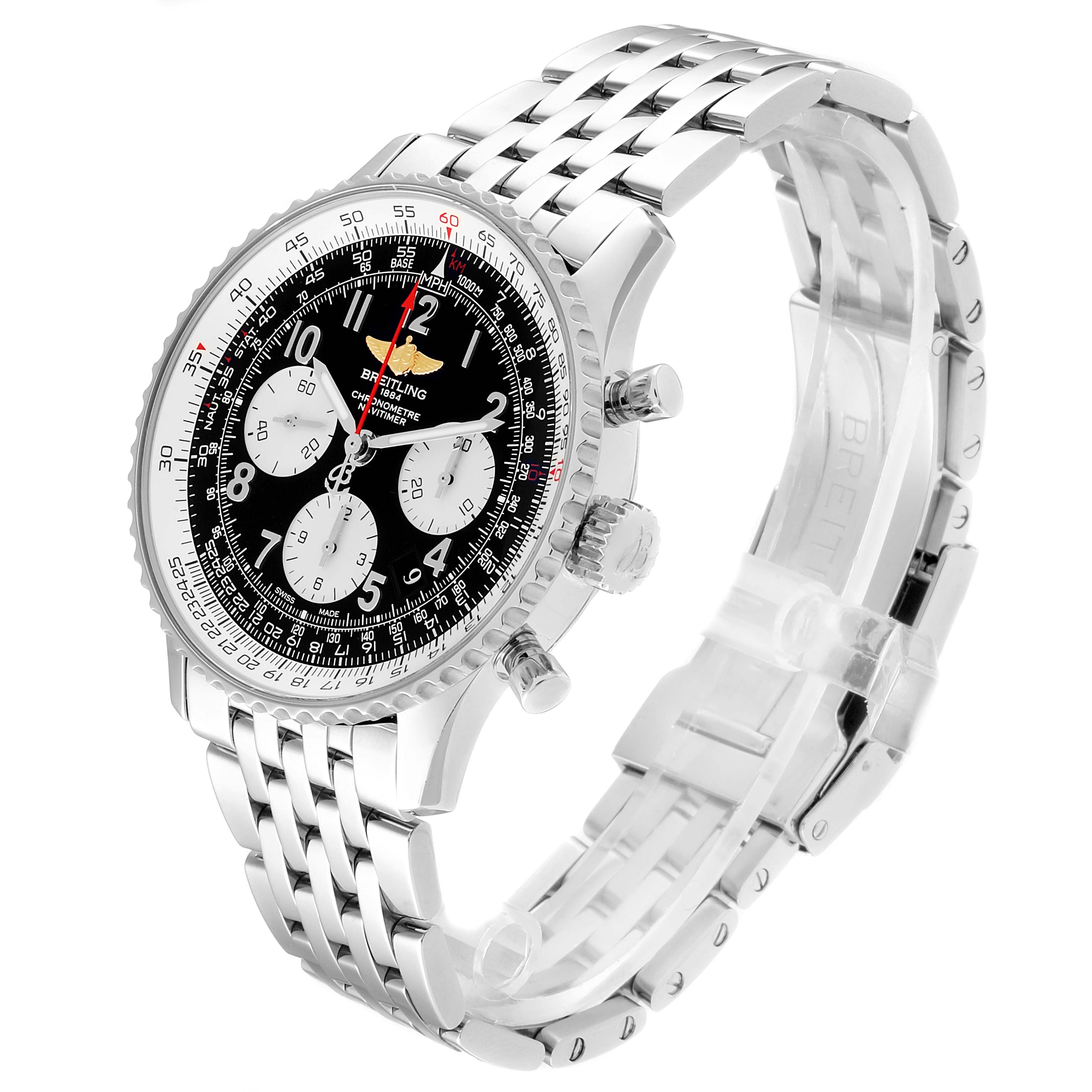 The image shows a Breitling Navitimer AB0120 Men's Stainless Steel Black Dial AB0120 Men's Stainless Steel Black Dial watch at a 3/4 angle, highlighting the black face, bezel, and metal bracelet.