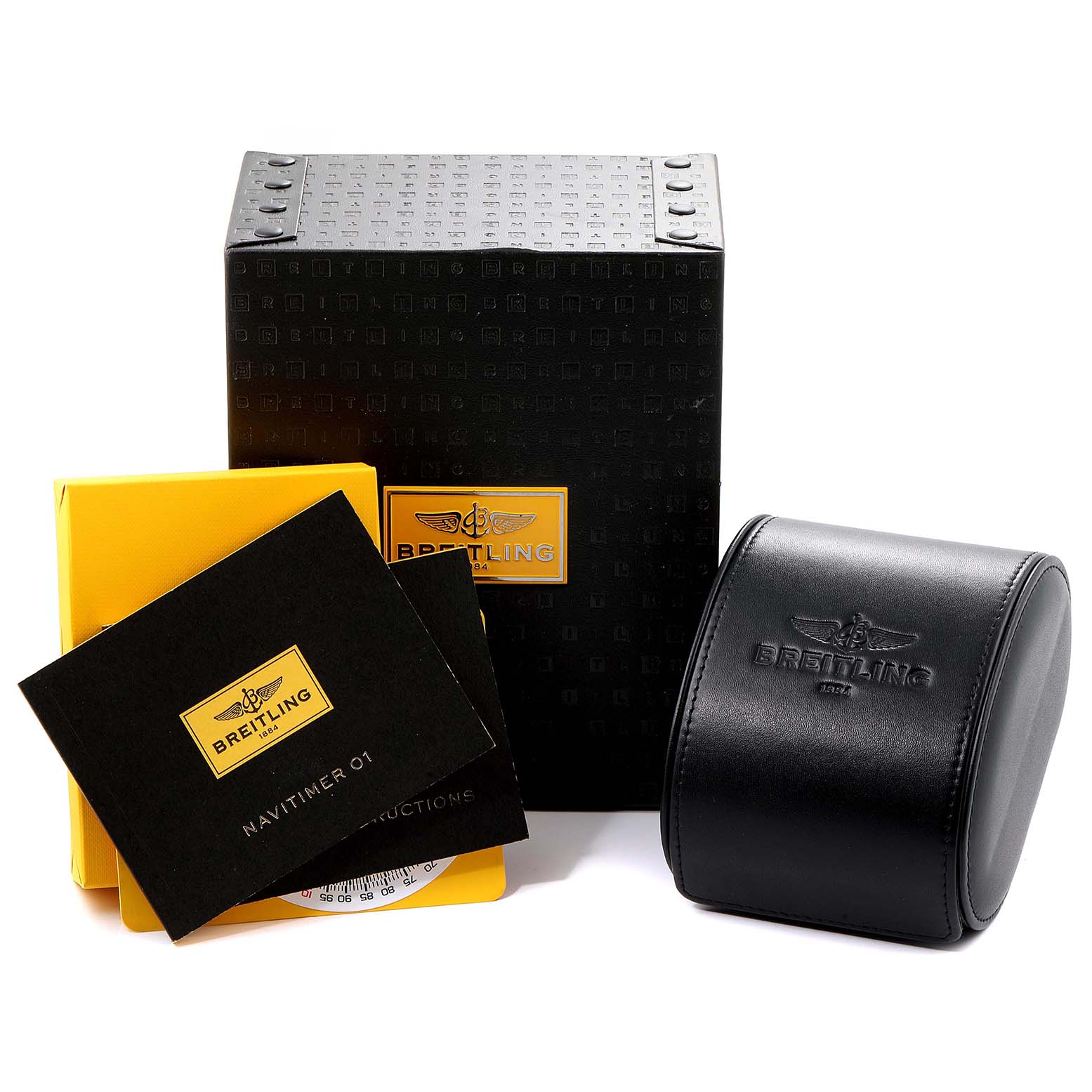 Breitling Navitimer AB0120 Men's Stainless Steel Black Dial AB0120 Men's Stainless Steel Black Dial packaging includes a box, instruction manual, and a leather case.