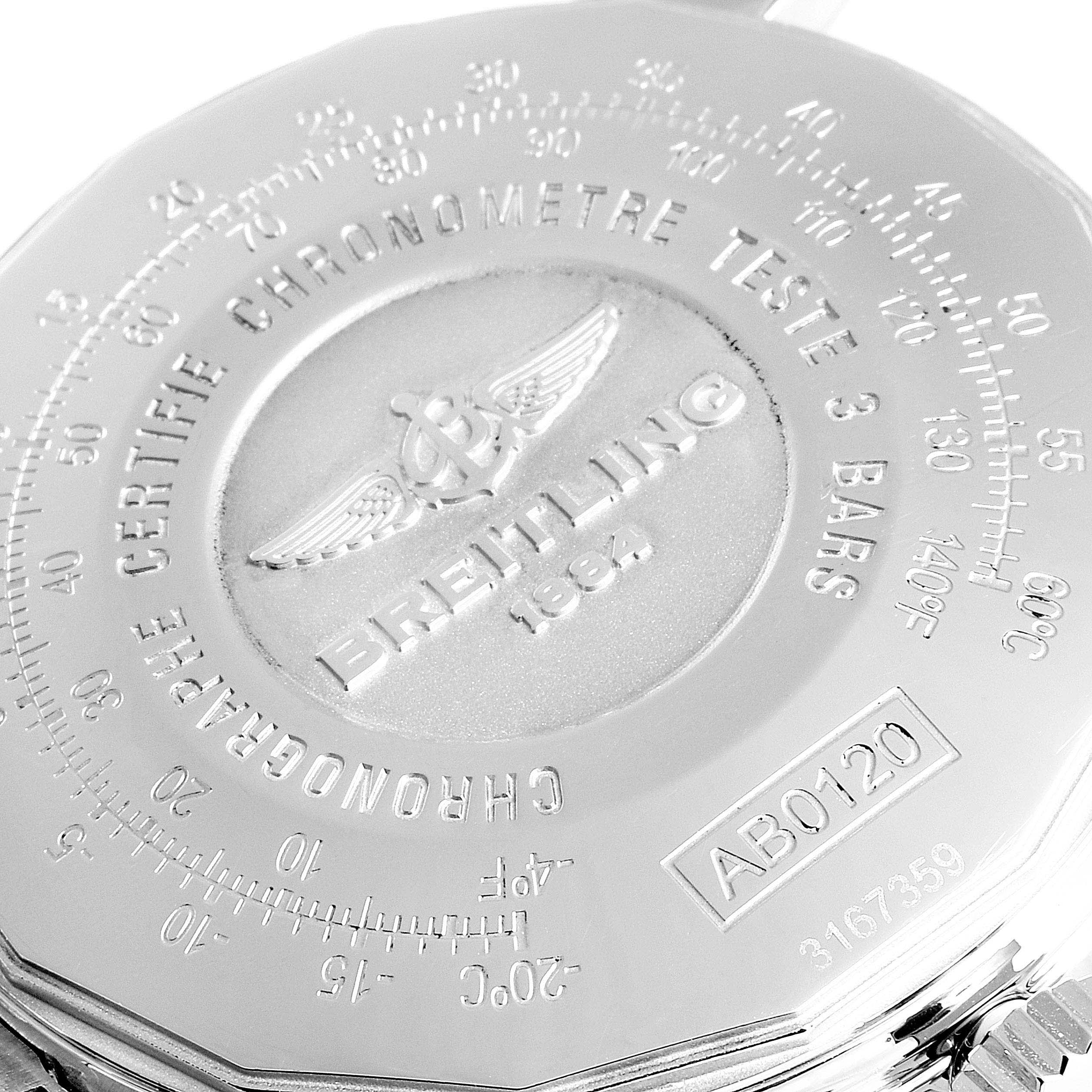 The image shows a close-up view of the back case of a Breitling Navitimer AB0120 Men's Stainless Steel Black Dial AB0120 Men's Stainless Steel Black Dial model watch, highlighting engravings and model details.