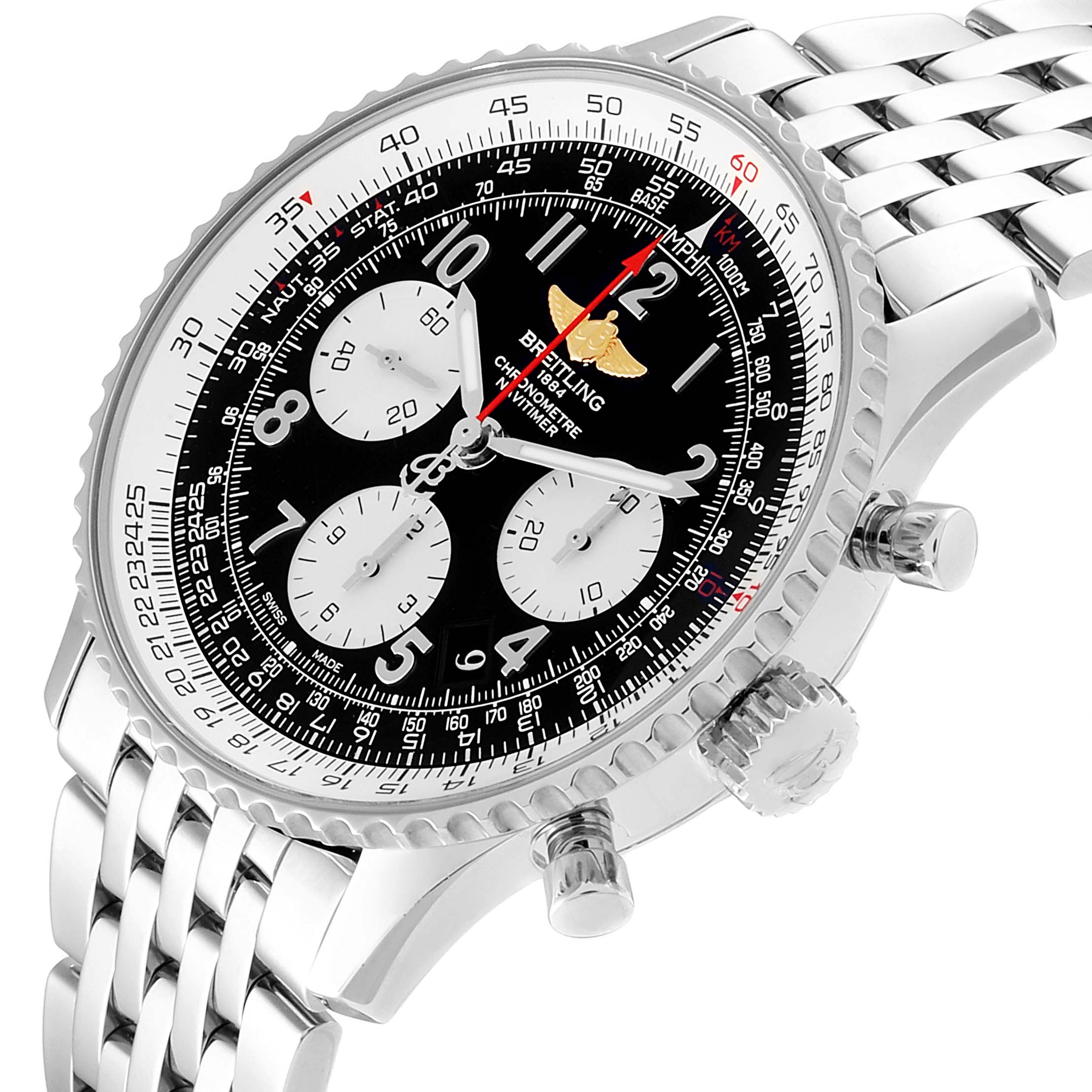 The image shows a close-up, side angle of a Breitling Navitimer AB0120 Men's Stainless Steel Black Dial AB0120 Men's Stainless Steel Black Dial watch, highlighting its face, bezel, crown, and stainless steel bracelet.