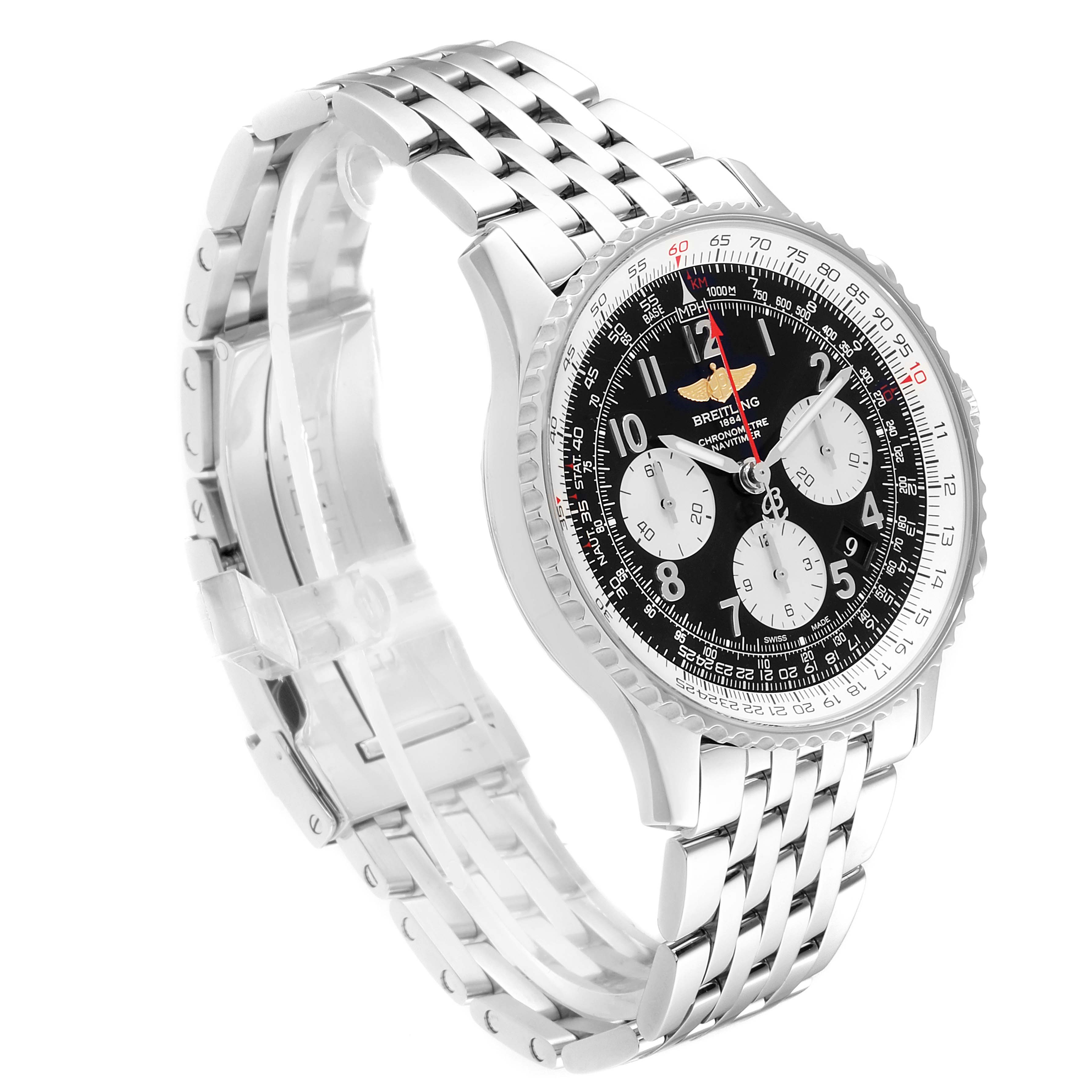 The watch shows the front and side angles of the Breitling Navitimer AB0120 Men's Stainless Steel Black Dial AB0120 Men's Stainless Steel Black Dial with a black dial and stainless steel bracelet.