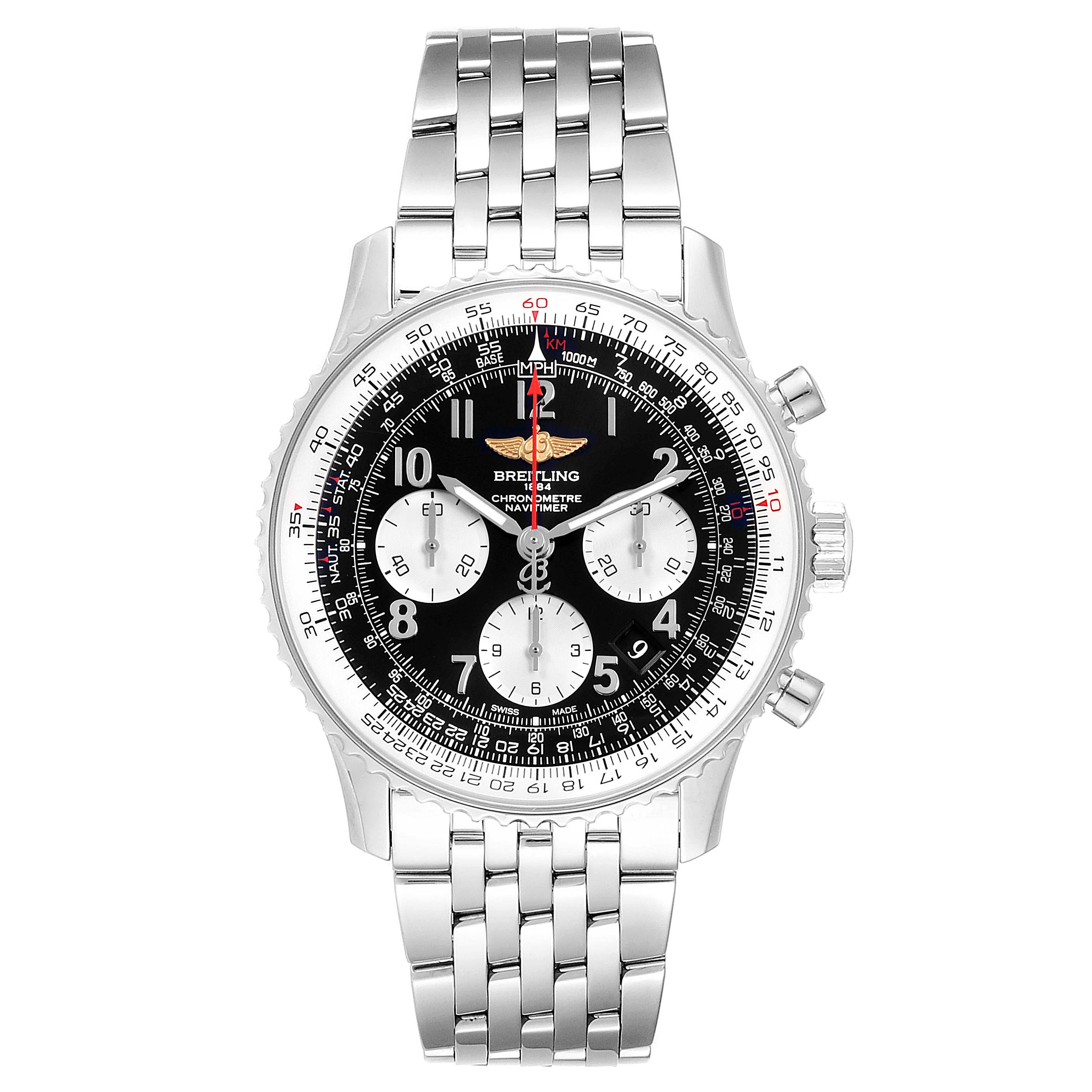 The image shows a front view of the Breitling Navitimer AB0120 Men's Stainless Steel Black Dial AB0120 Men's Stainless Steel Black Dial watch, displaying its dial, bezel, and metal bracelet.