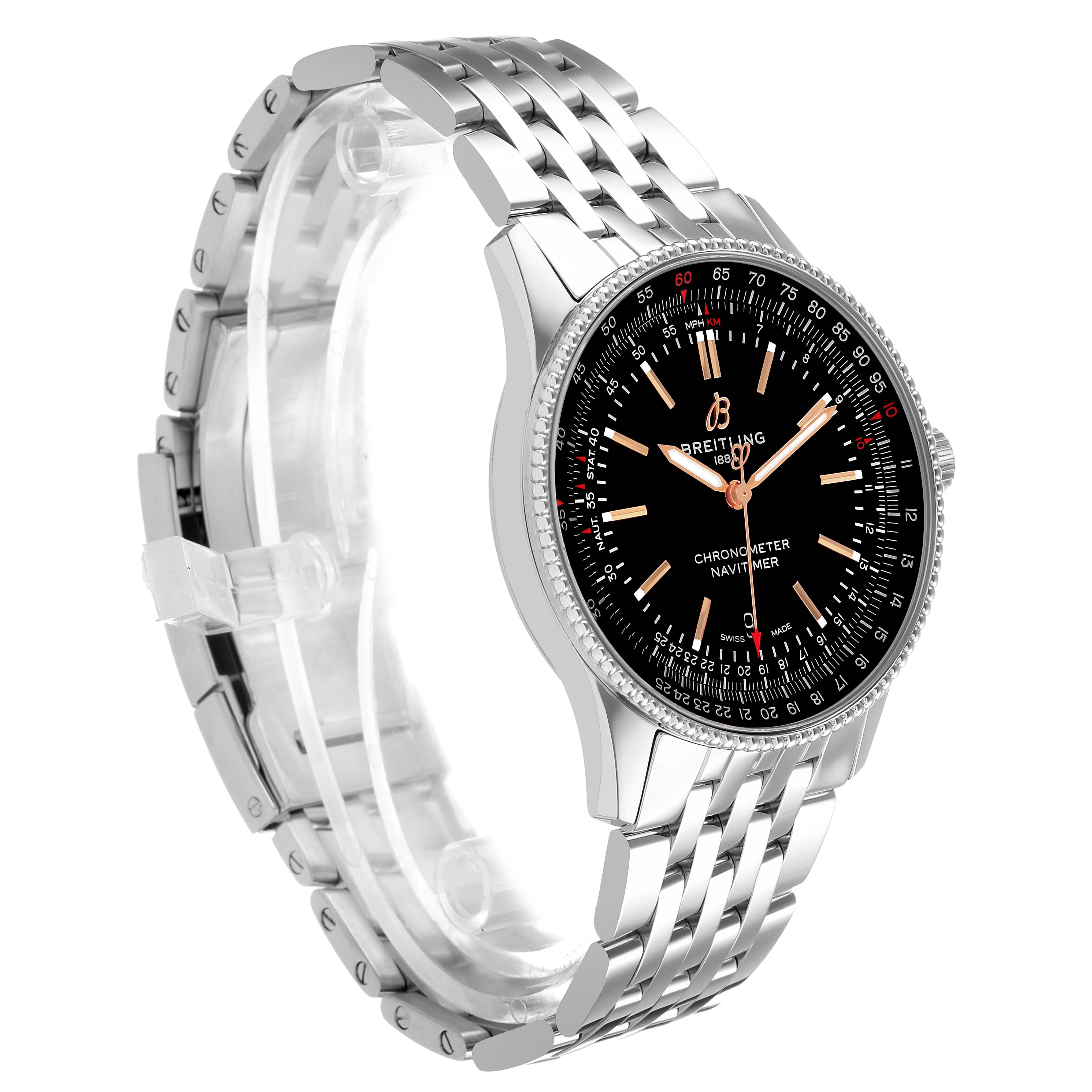 The Breitling Navitimer A17326 Men's Stainless Steel Black Dial watch is shown at a three-quarter angle, highlighting the face, bezel, and bracelet.