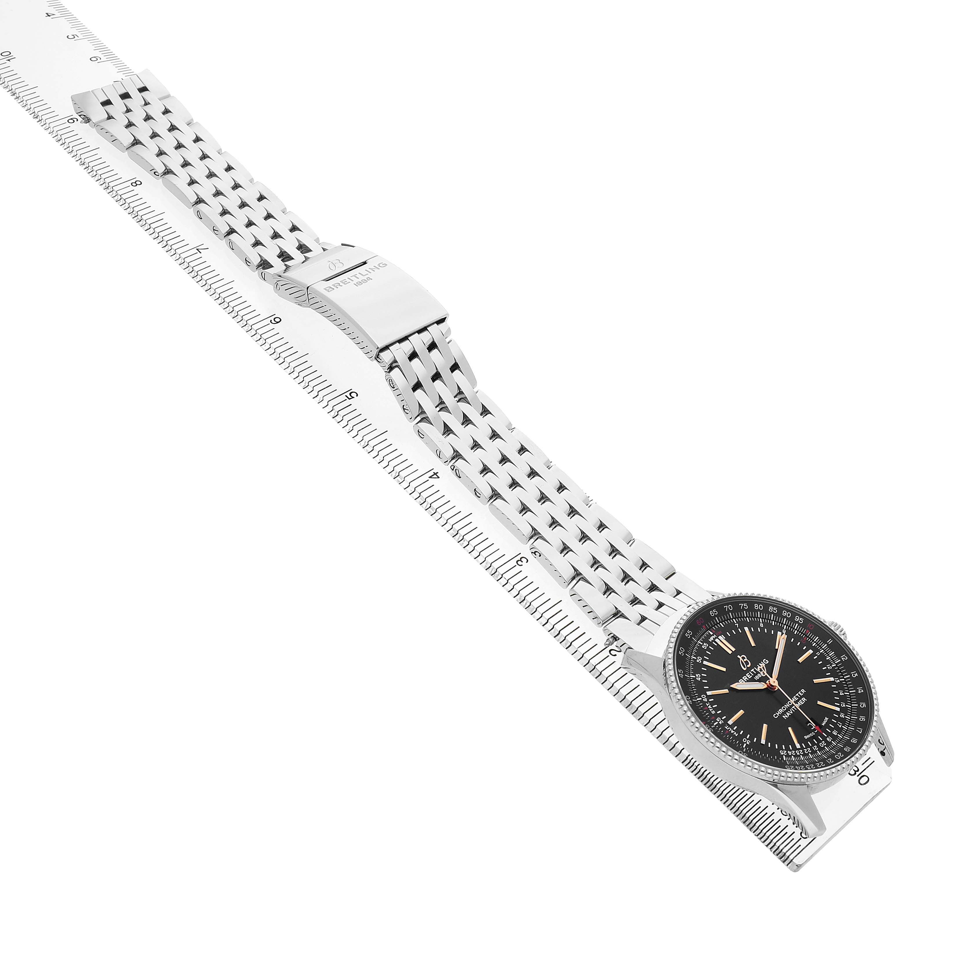 The Breitling Navitimer A17326 Men's Stainless Steel Black Dial watch is shown at an angle displaying the face, stainless steel bracelet, and clasp.