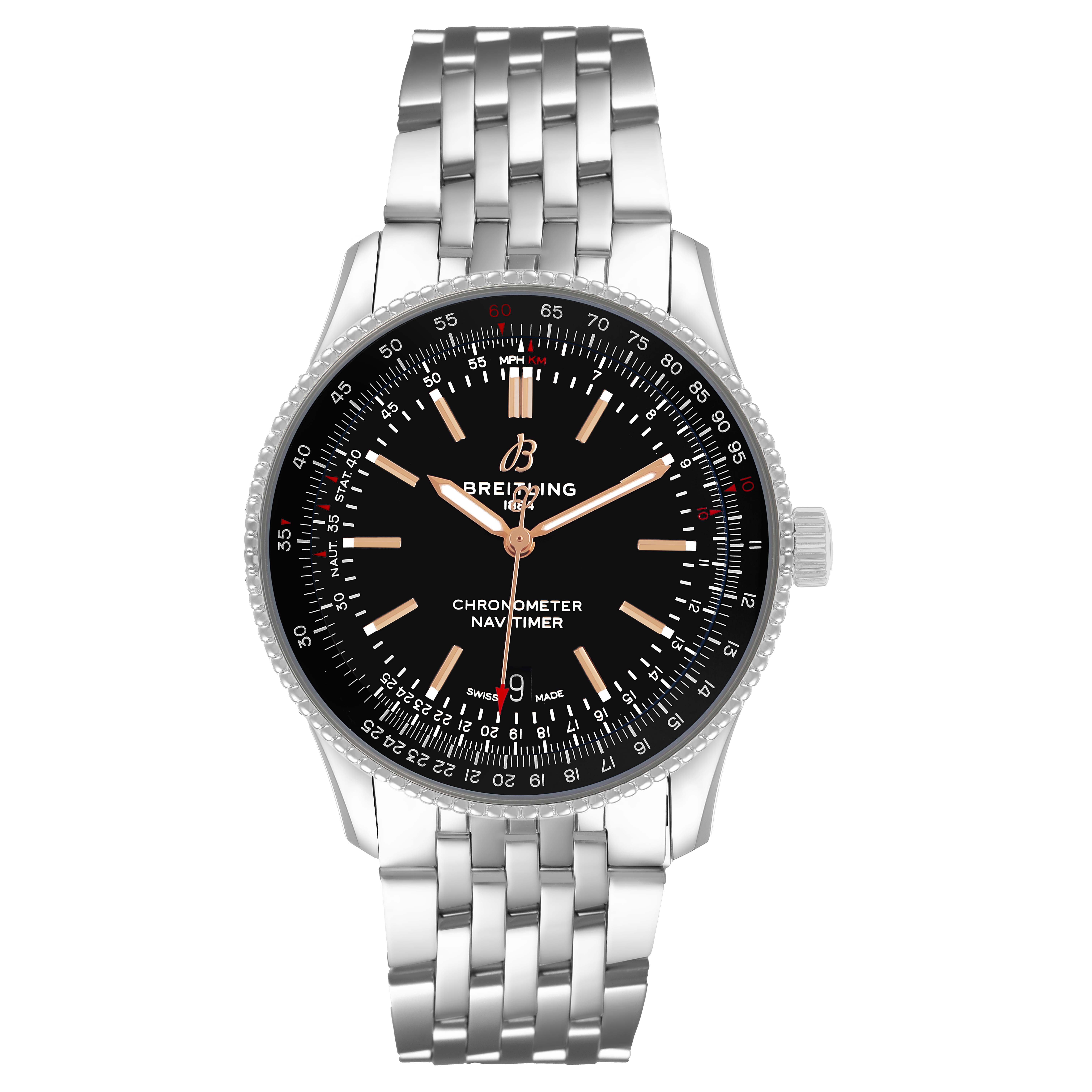 The Breitling Navitimer A17326 Men's Stainless Steel Black Dial watch is shown from the front, displaying the dial, bezel, hands, and stainless steel bracelet.