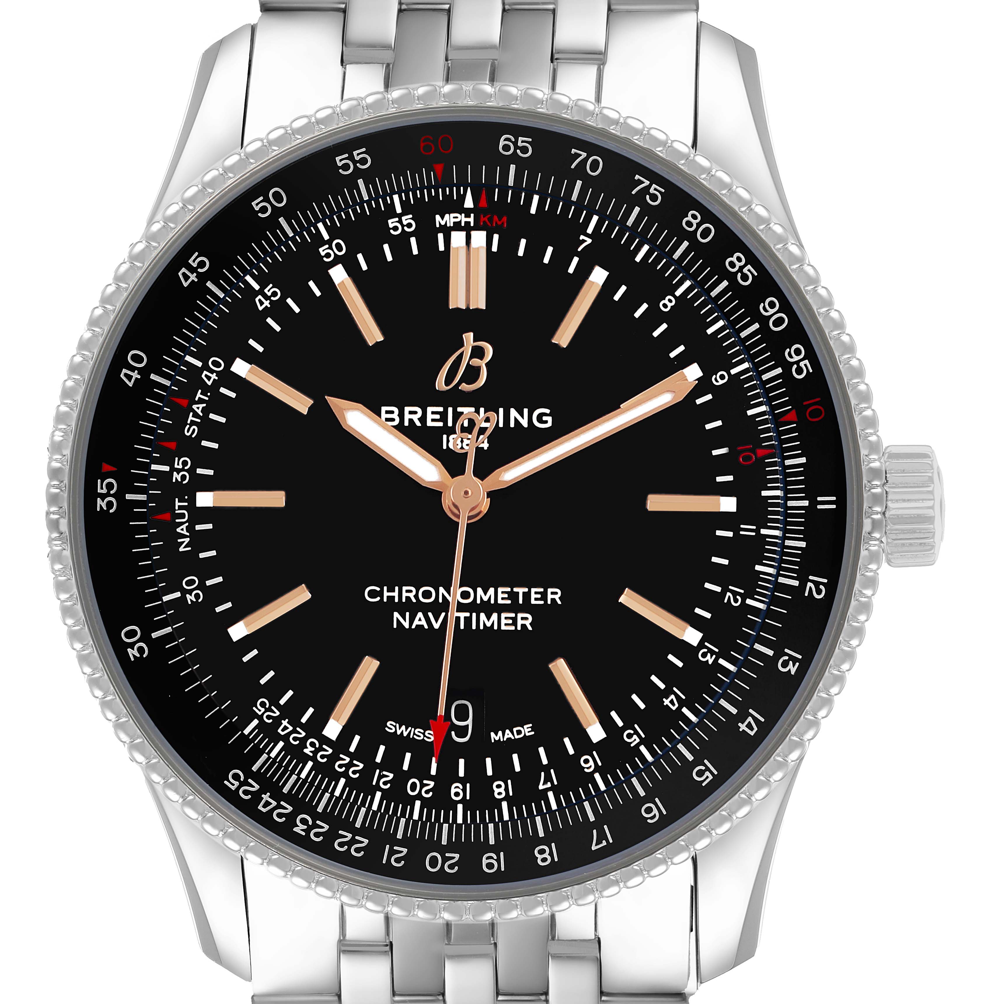 The Breitling Navitimer A17326 Men's Stainless Steel Black Dial is shown in a front view, displaying the dial, bezel, and a portion of the bracelet.