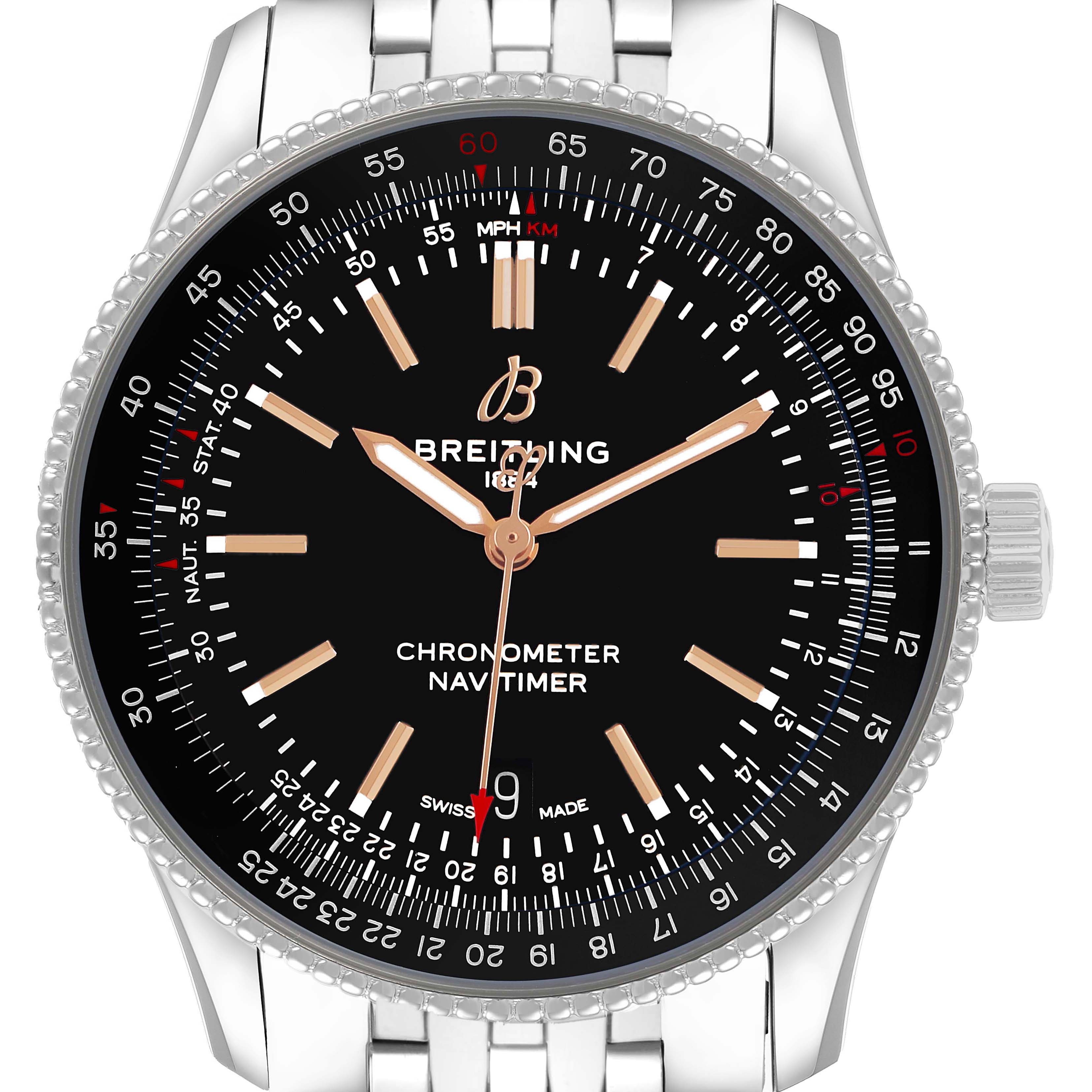 The Breitling Navitimer A17326 Men's Stainless Steel Black Dial watch is shown from a front angle, displaying its face, bezel, and part of the metal bracelet.
