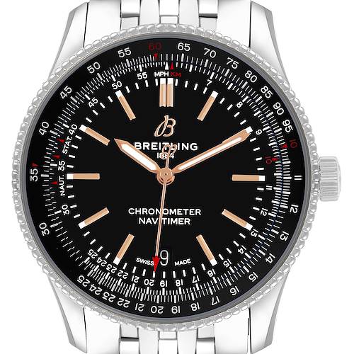 The Breitling Navitimer A17326 Men's Stainless Steel Black Dial watch is shown from a front angle, highlighting the dial, bezel, crown, and part of the metal bracelet.
