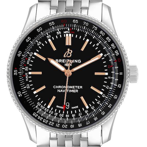 The Breitling Navitimer A17326 Men's Stainless Steel Black Dial watch is shown from a front angle, displaying the face, bezel, and part of the bracelet.