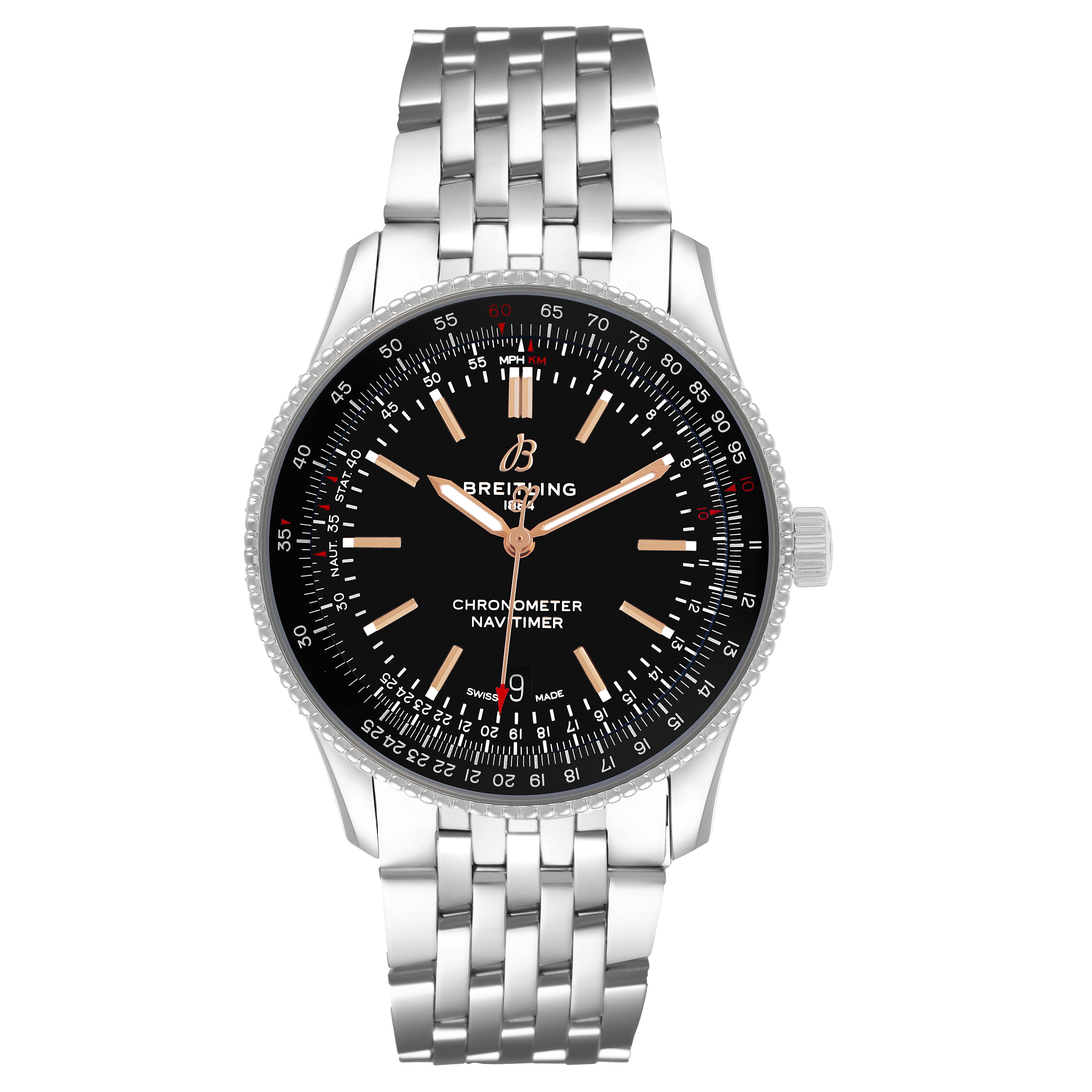 The Breitling Navitimer A17326 Men's Stainless Steel Black Dial watch is shown from the front, displaying its dial, bezel, and metal bracelet.
