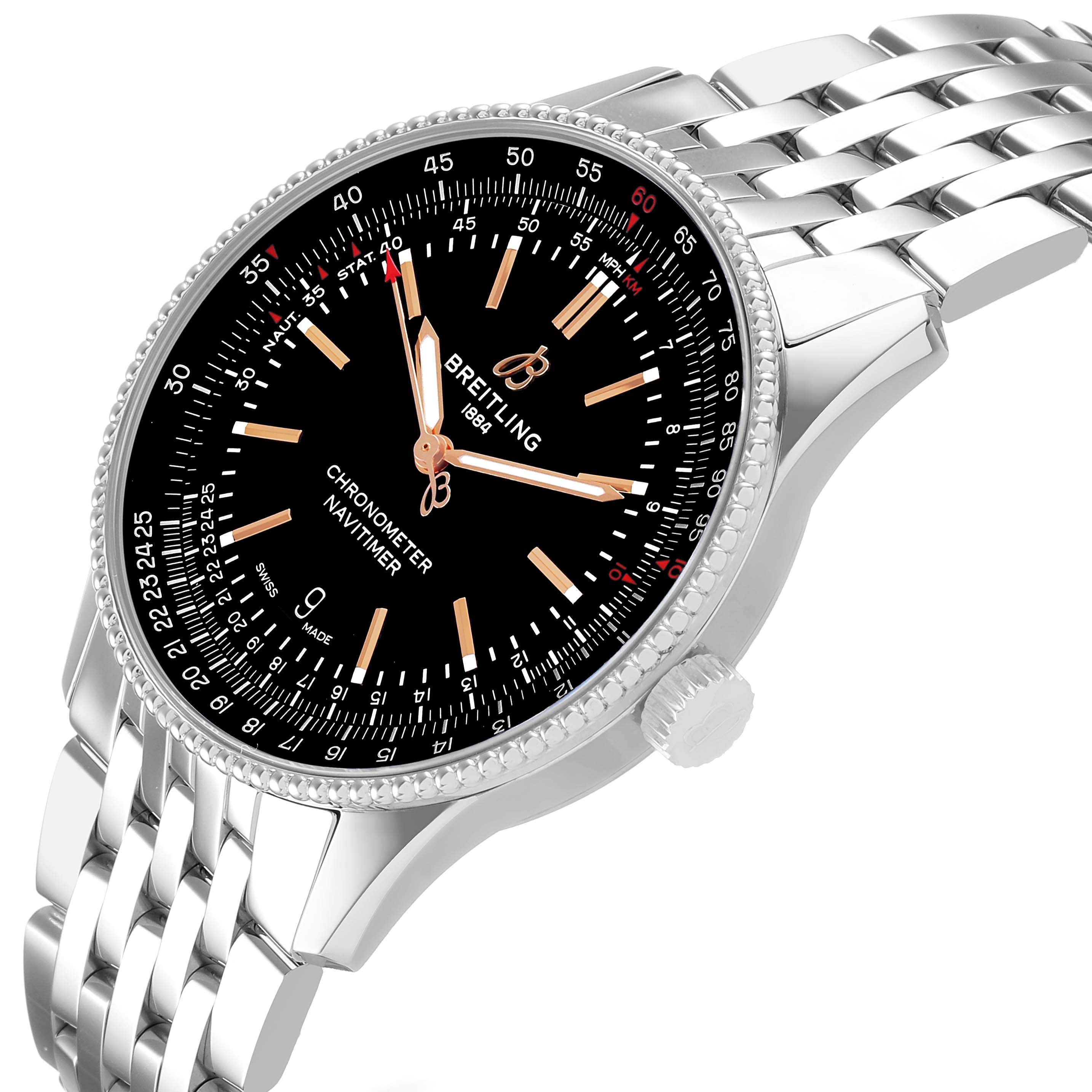 The Breitling Navitimer A17326 Men's Stainless Steel Black Dial watch is shown from a slightly tilted angle, highlighting the face, bezel, crown, and bracelet.