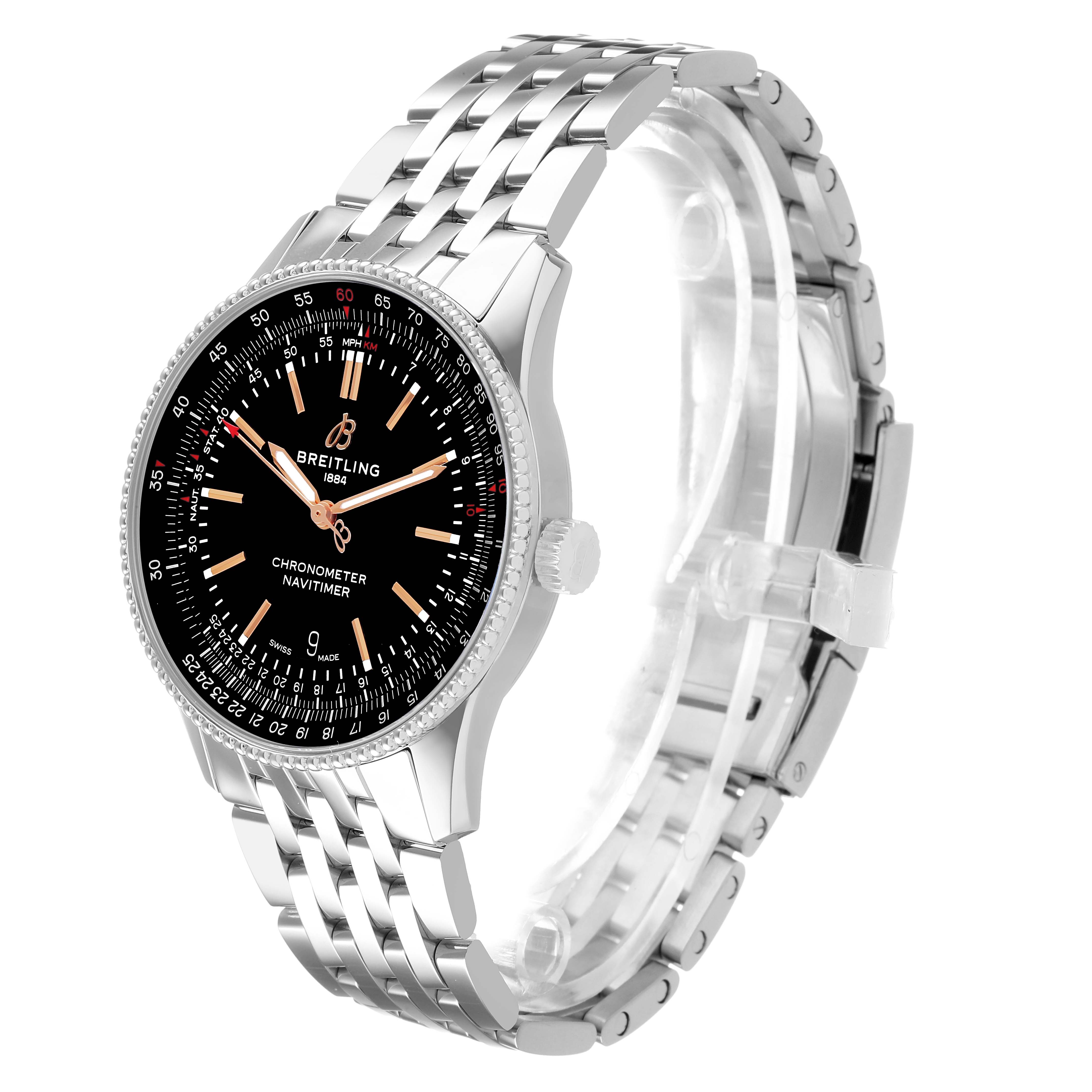 The Breitling Navitimer A17326 Men's Stainless Steel Black Dial watch is shown at a three-quarter angle, displaying the face, bezel, crown, and metal bracelet.