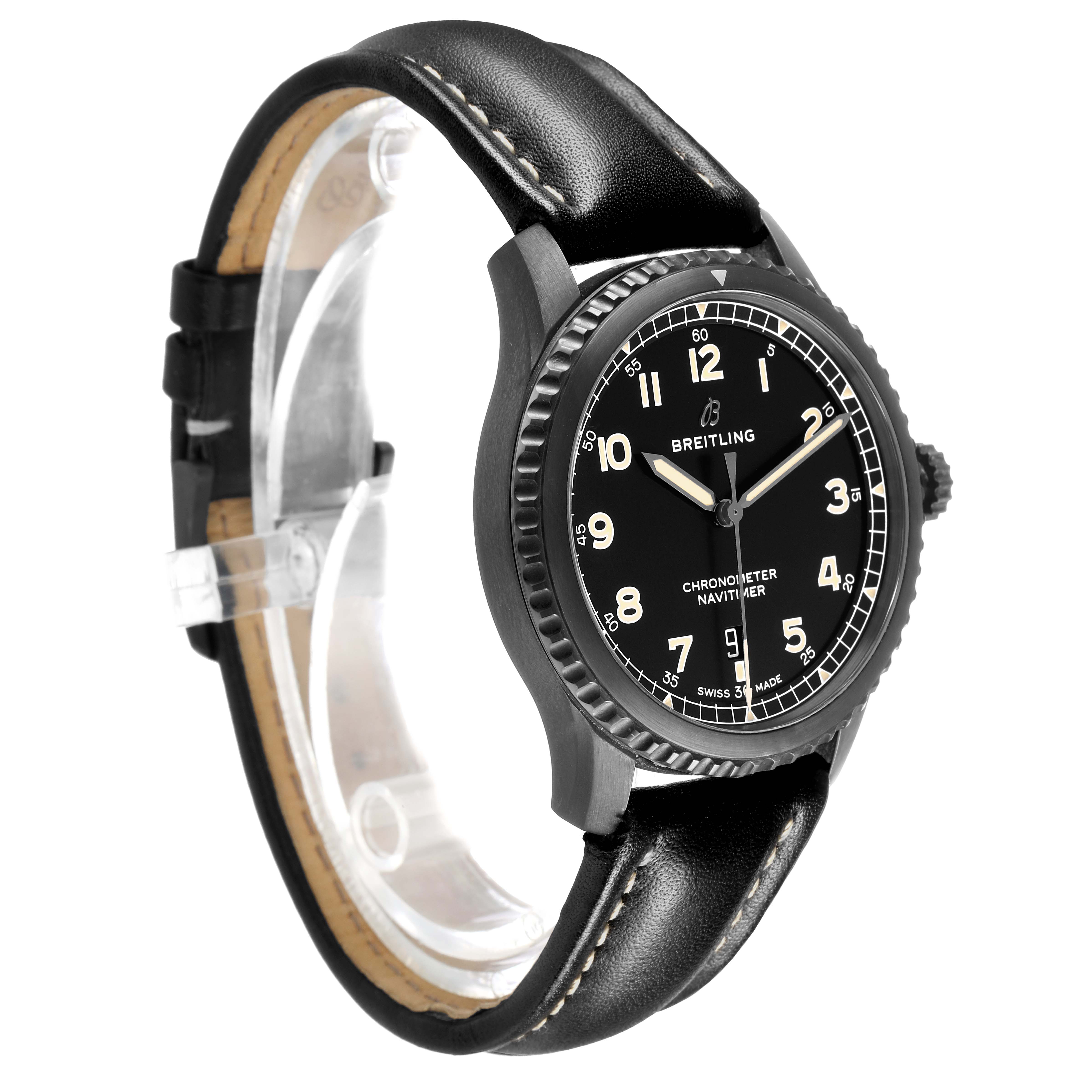 The Breitling Navitimer M17314 Men's Stainless Steel Black Dial watch is shown at an angled side view, featuring its black dial and leather strap.