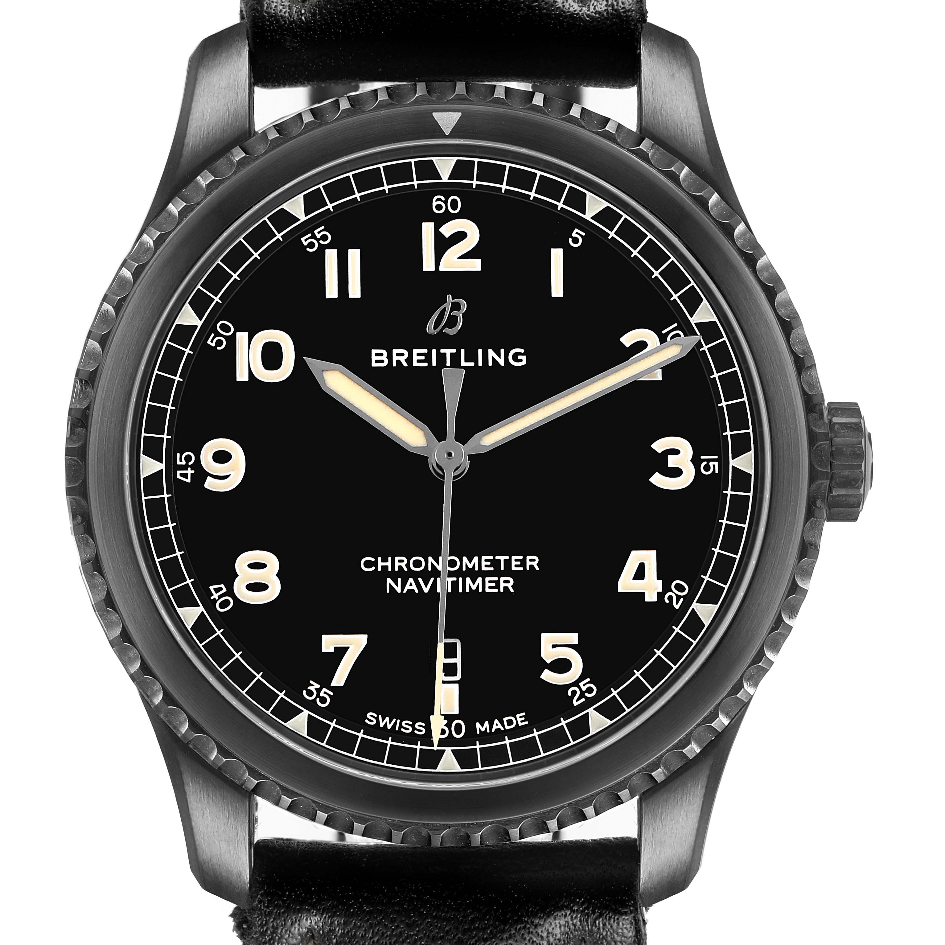 The Breitling Navitimer M17314 Men's Stainless Steel Black Dial watch is shown from the front, highlighting its black dial, hour markers, hands, bezel, and crown.