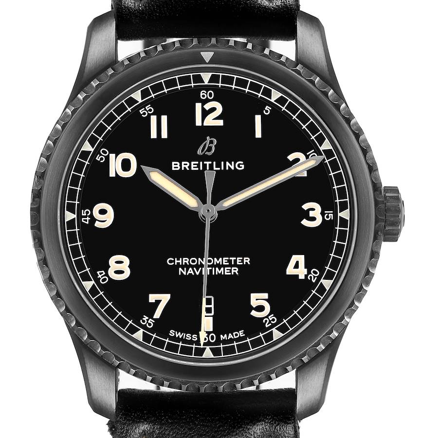 The Breitling Navitimer M17314 Men's Stainless Steel Black Dial watch is shown from the front, highlighting its black dial, hour markers, hands, bezel, and crown.