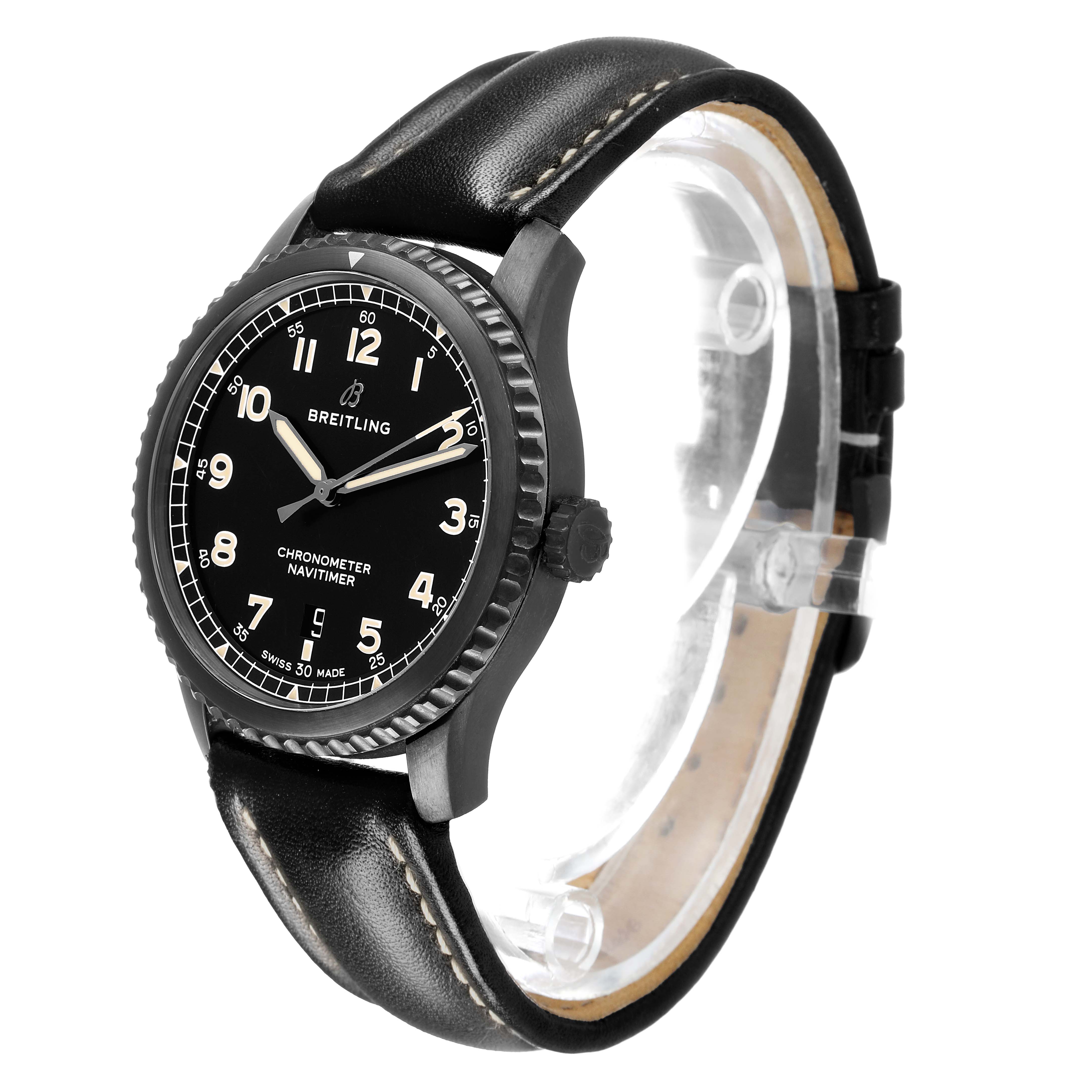 The Breitling Navitimer M17314 Men's Stainless Steel Black Dial watch is shown at a slight angle, displaying the face, bezel, crown, and leather strap.