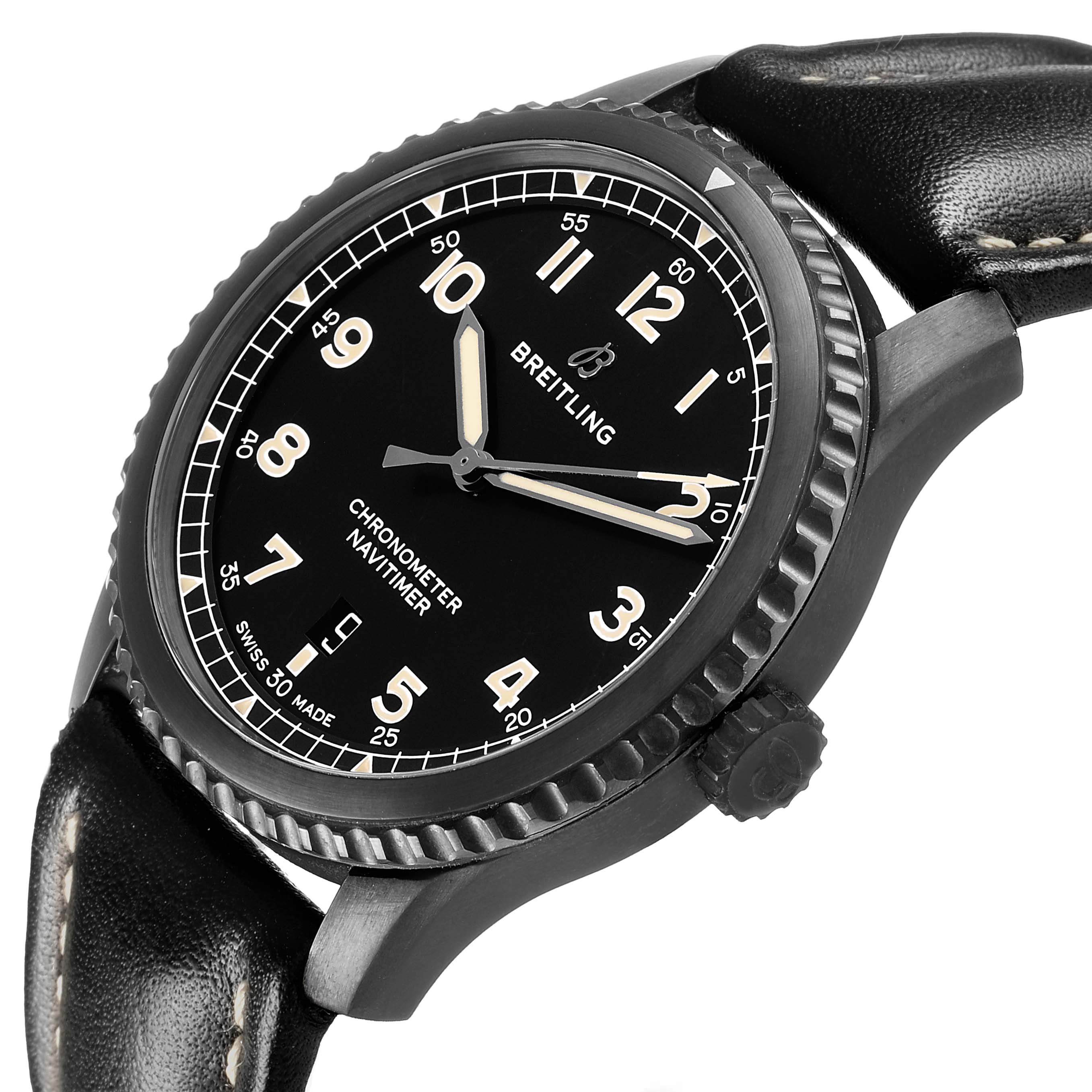 The Breitling Navitimer M17314 Men's Stainless Steel Black Dial watch is shown at a slight side angle, highlighting the black dial, numerals, bezel, and leather strap.
