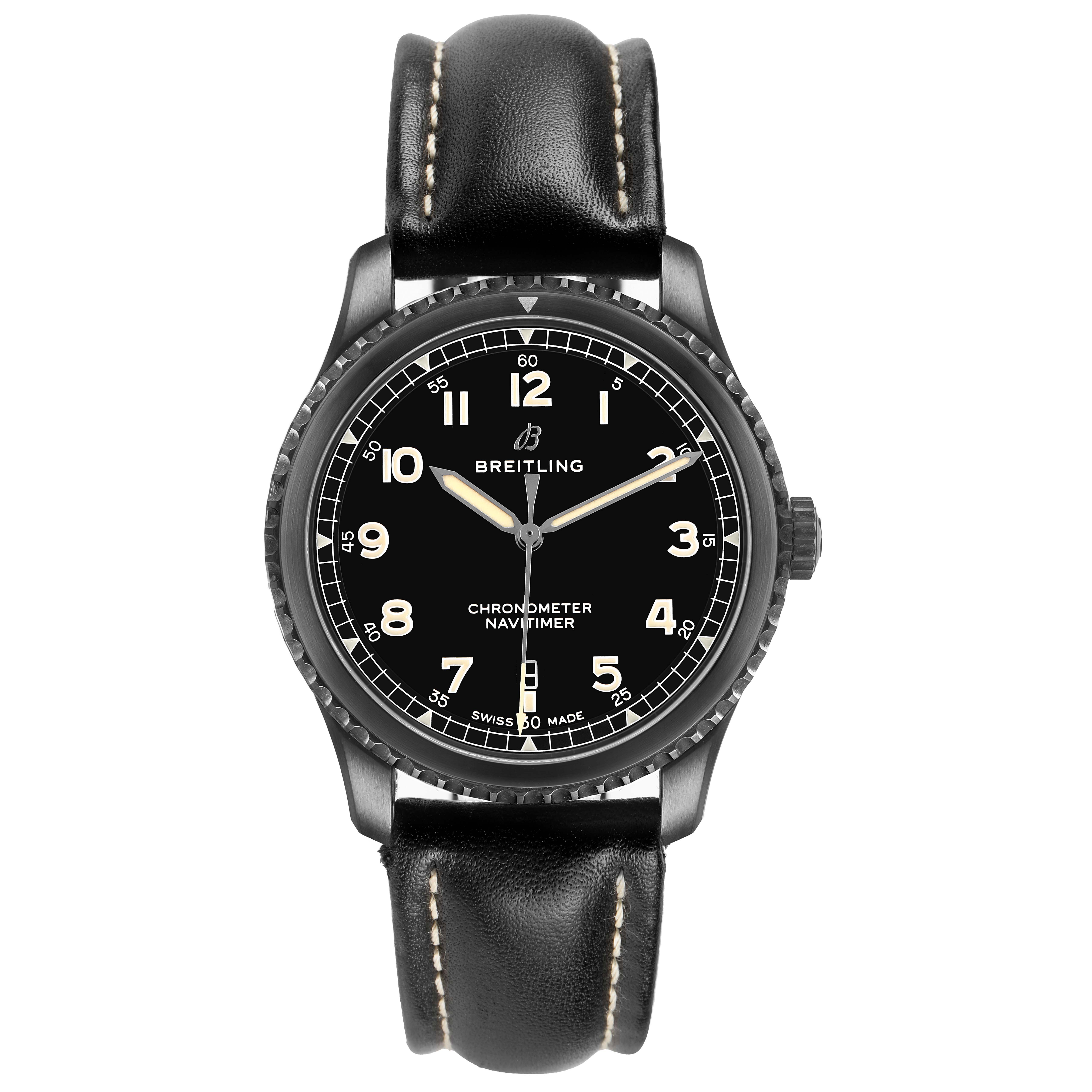 The Breitling Navitimer M17314 Men's Stainless Steel Black Dial watch is shown from the front, displaying the face, bezel, and black leather strap.
