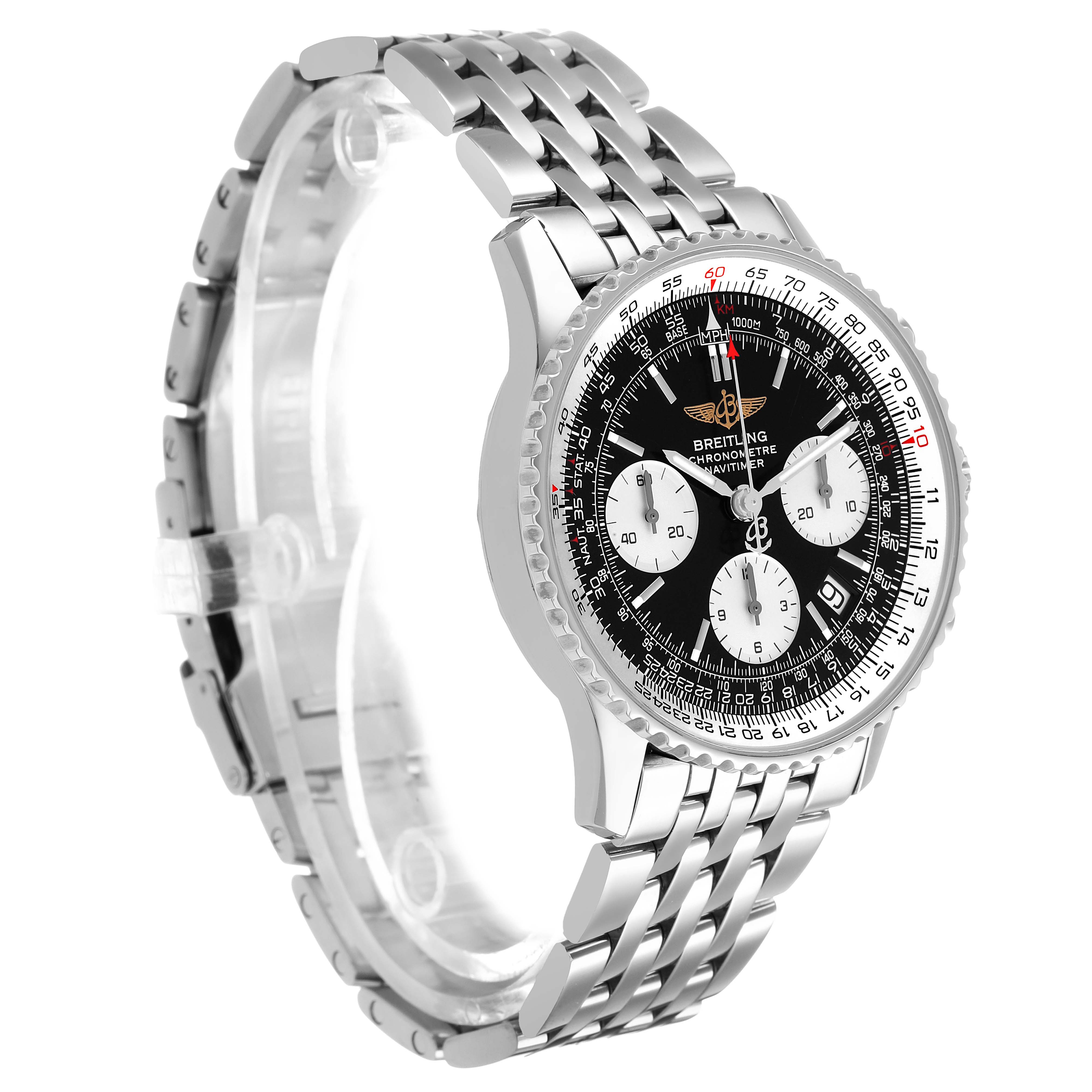 The Breitling Navitimer A23322 Men's Stainless Steel Black Dial watch is shown at a three-quarter angle, highlighting its face, bezel, and bracelet.