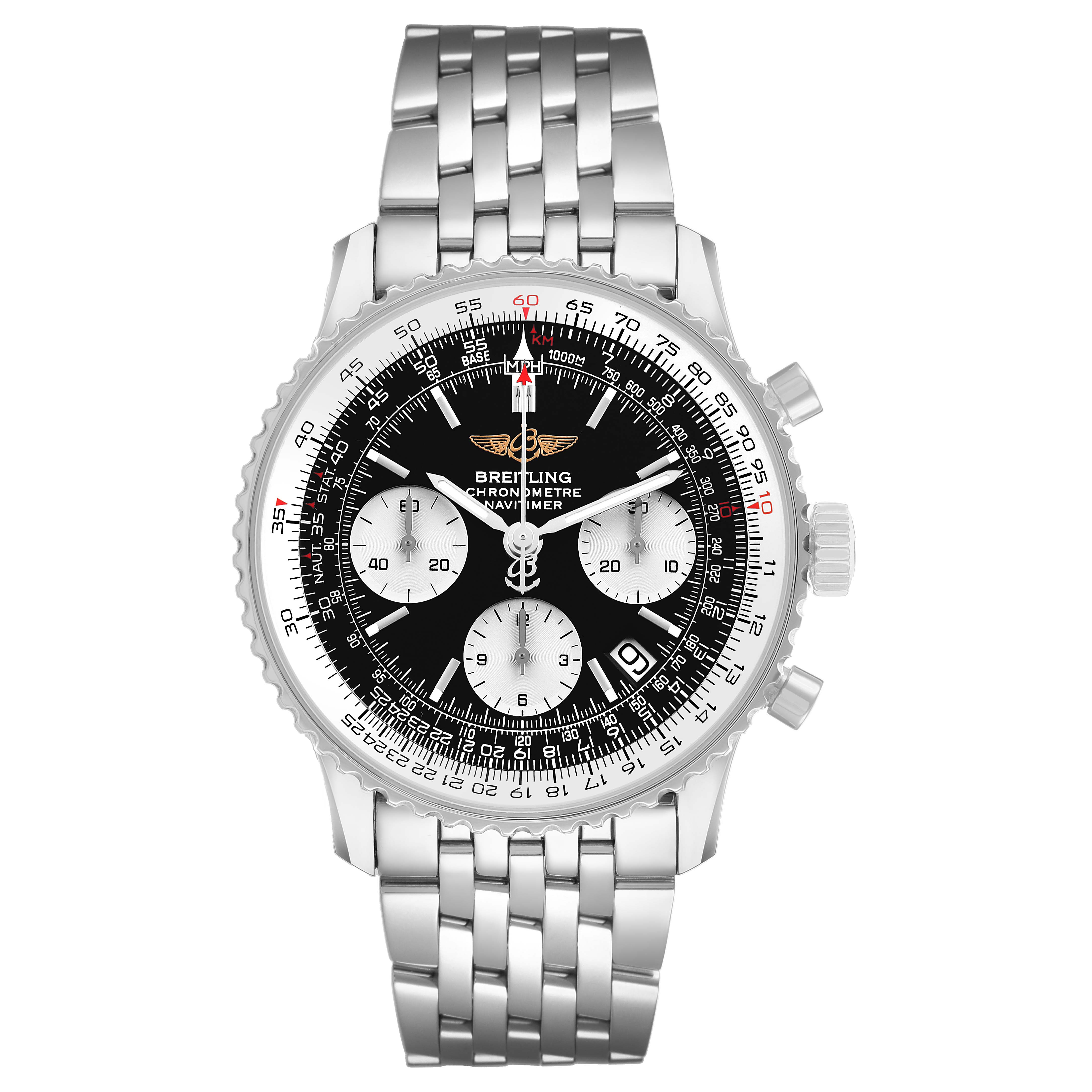 The Breitling Navitimer A23322 Men's Stainless Steel Black Dial watch is shown from the front, highlighting the dial, bezel, subdials, and metal bracelet.