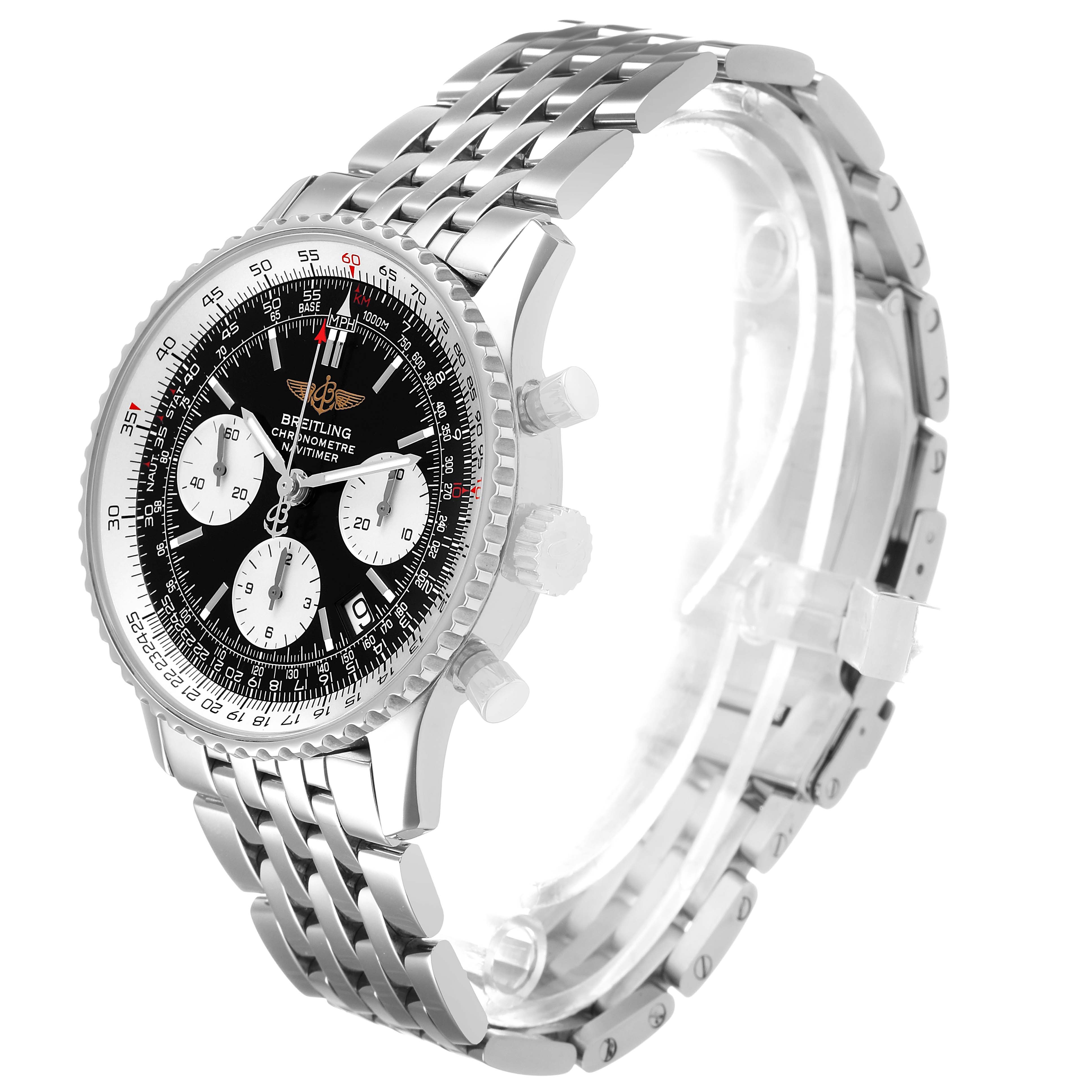 The Breitling Navitimer A23322 Men's Stainless Steel Black Dial watch is shown at a three-quarter angle, highlighting the face, bezel, buttons, and metal bracelet.