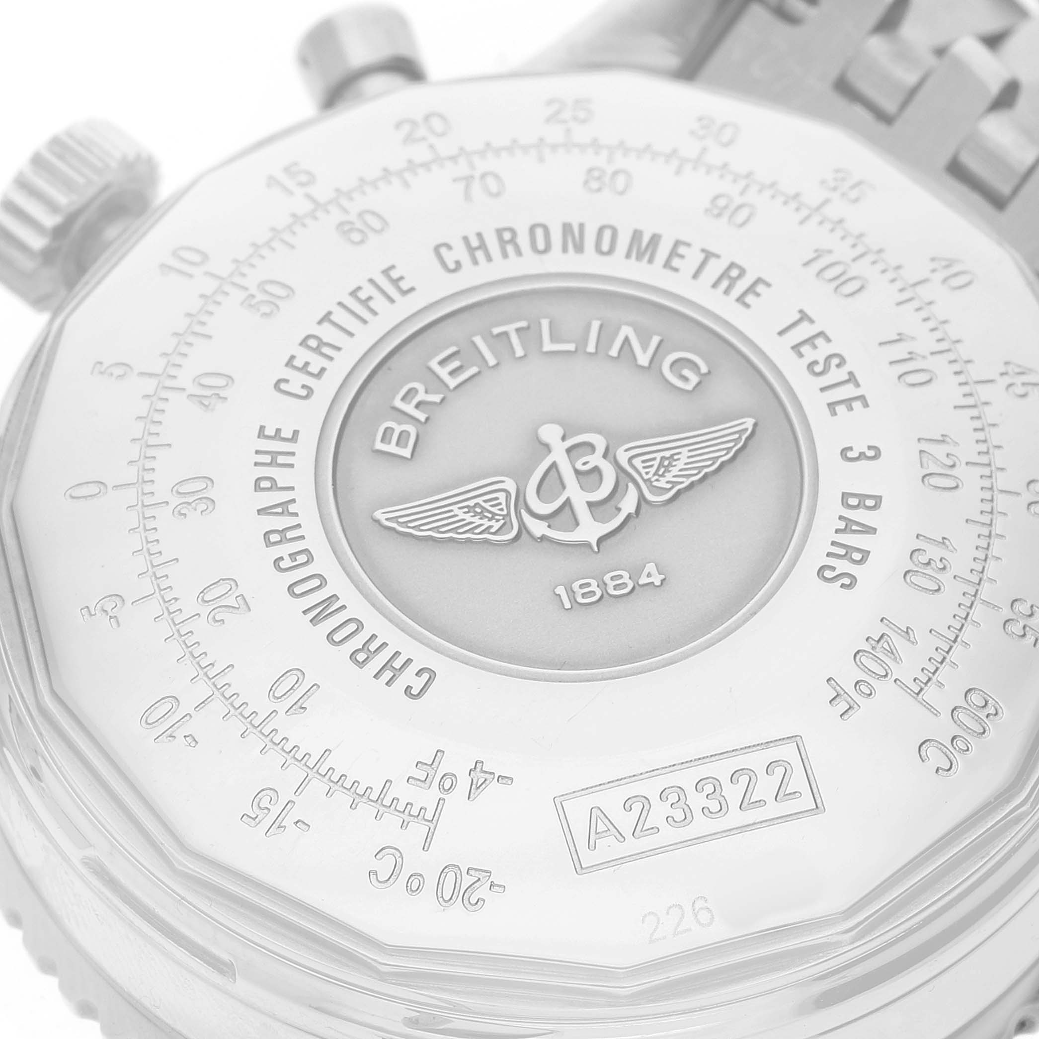The Breitling Navitimer A23322 Men's Stainless Steel Black Dial is shown from the back, highlighting the engraved logo and model number "A23322".