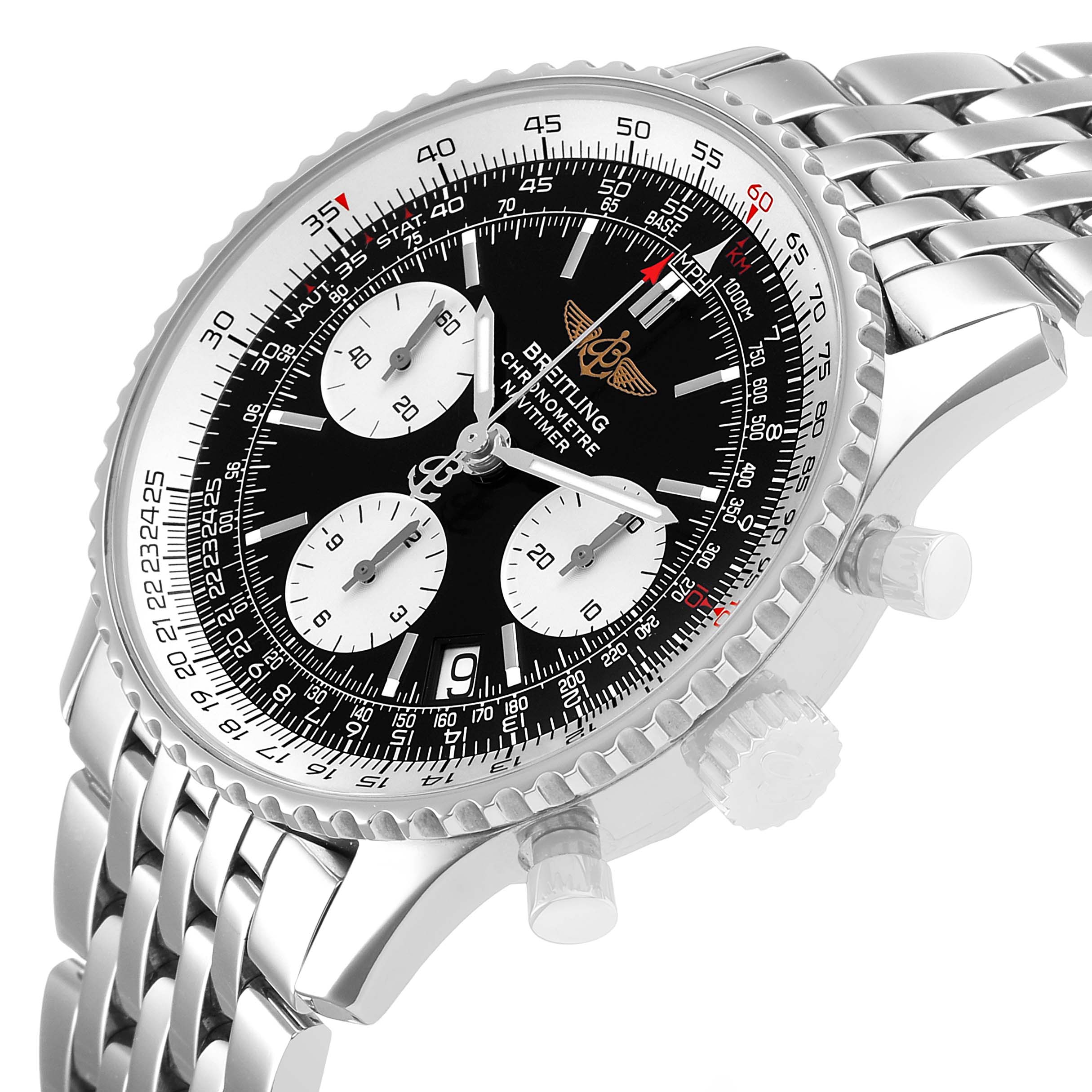 The Breitling Navitimer A23322 Men's Stainless Steel Black Dial watch is shown at an angled side view, highlighting its bezel, dial, subdials, and bracelet.
