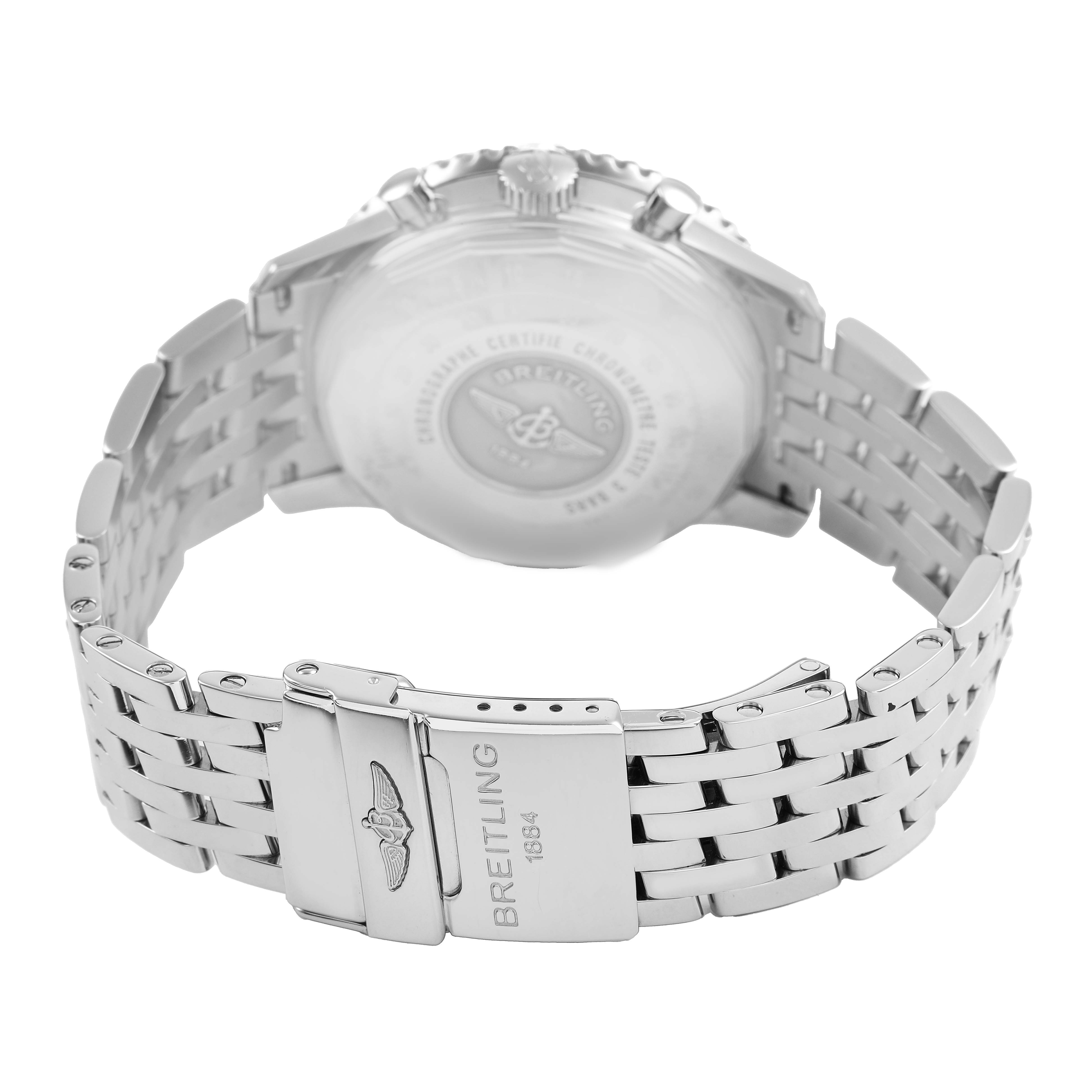 The image shows the back of a Breitling Navitimer A23322 Men's Stainless Steel Black Dial watch, highlighting the clasp and bracelet from a rear angle.