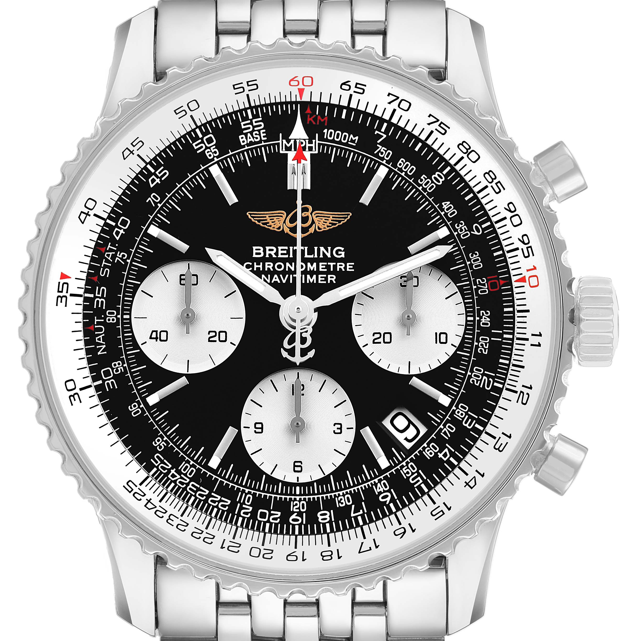 This Breitling Navitimer A23322 Men's Stainless Steel Black Dial model is shown from the front, highlighting its dial, bezel, and chronograph subdials.