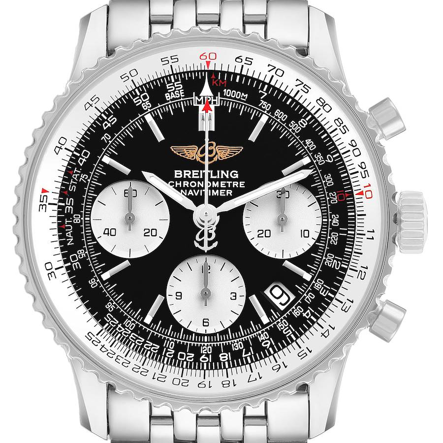 This Breitling Navitimer A23322 Men's Stainless Steel Black Dial model is shown from the front, highlighting its dial, bezel, and chronograph subdials.