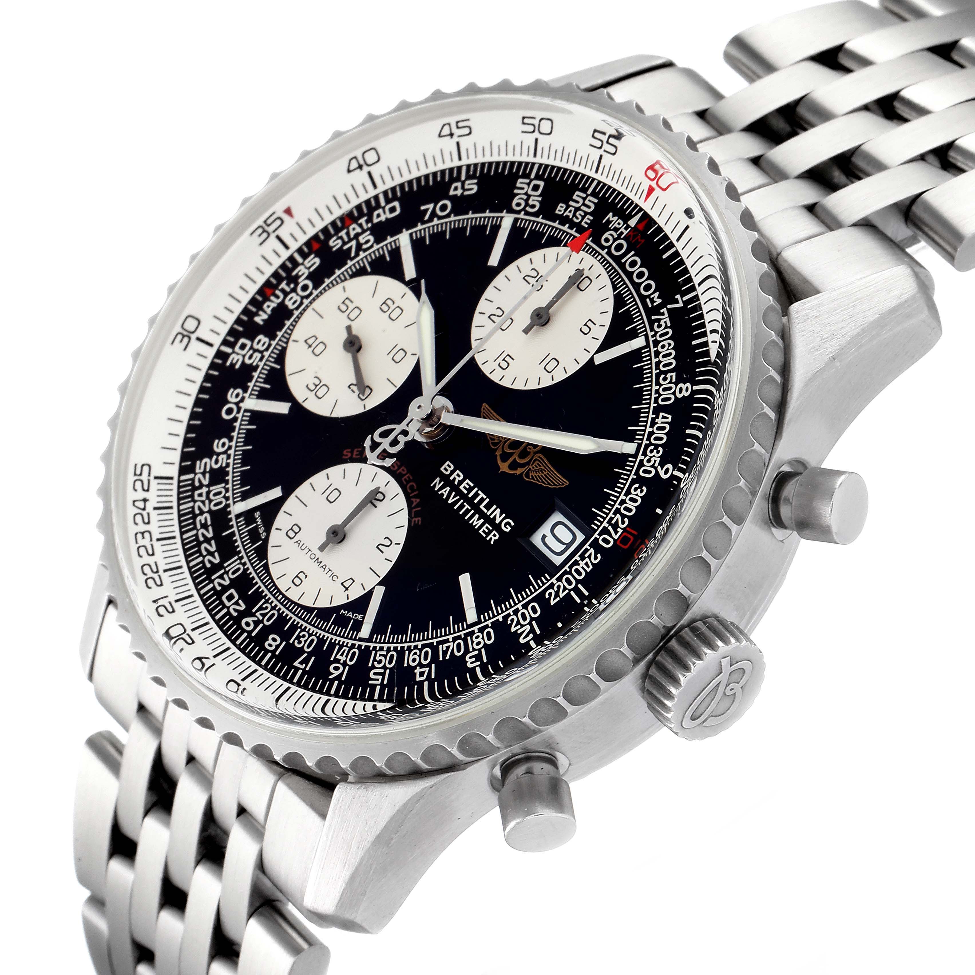 The image shows a Breitling Navitimer A13330 Men
s Stainless Steel Black Dial A13330 Men
s Stainless Steel Black Dial watch at an angle, displaying its dial, three sub-dials, bezel, and stainless steel bracelet.