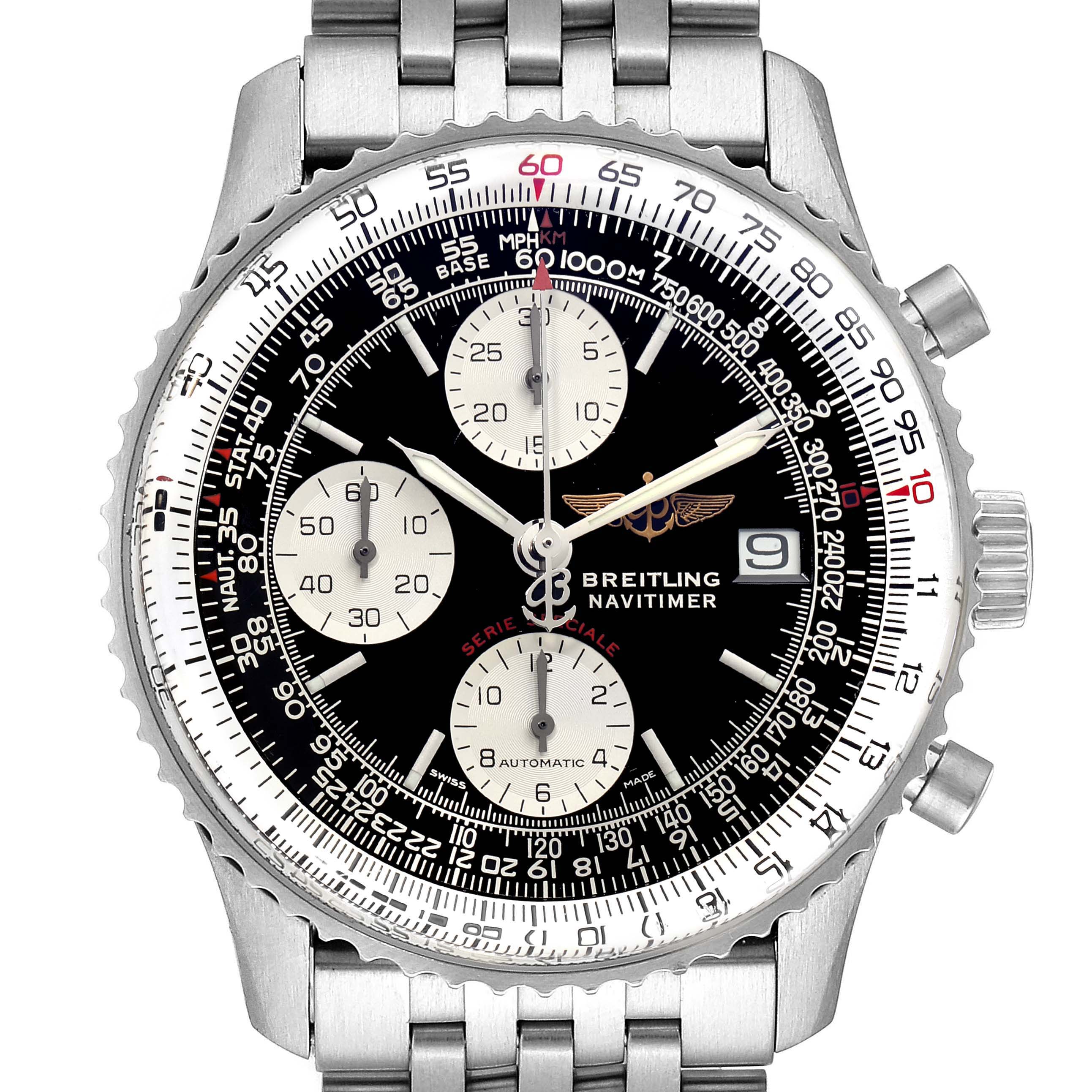This image shows a front view of a Breitling Navitimer A13330 Men
s Stainless Steel Black Dial A13330 Men
s Stainless Steel Black Dial watch, displaying the dial, bezel, date window, and subdials.