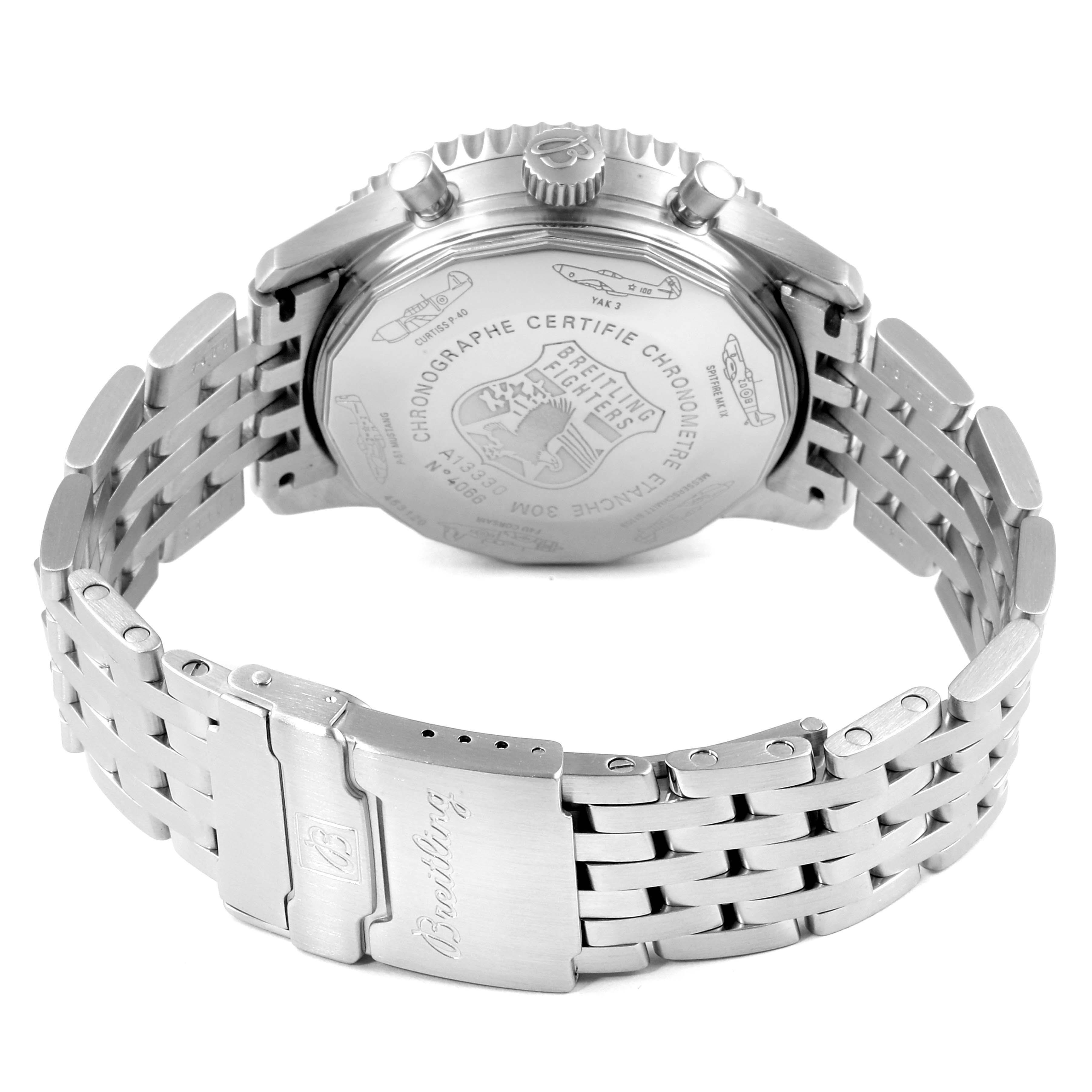 The image shows the back case and bracelet of a Breitling Navitimer A13330 Men
s Stainless Steel Black Dial A13330 Men
s Stainless Steel Black Dial watch, viewed from a rear angle.