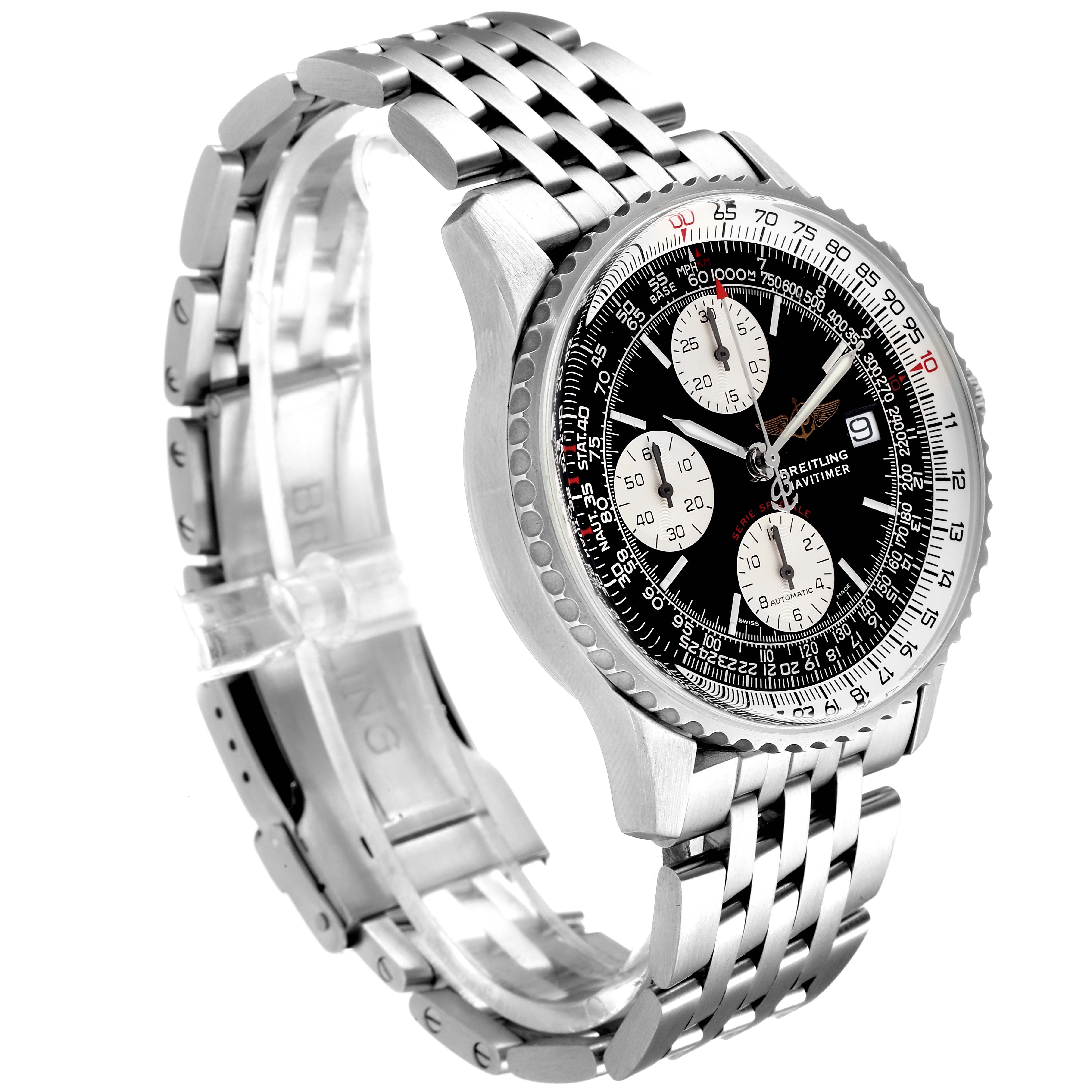 The Breitling Navitimer A13330 Men
s Stainless Steel Black Dial A13330 Men
s Stainless Steel Black Dial watch is shown at a three-quarter angle, highlighting the face, bezel, and stainless steel bracelet.