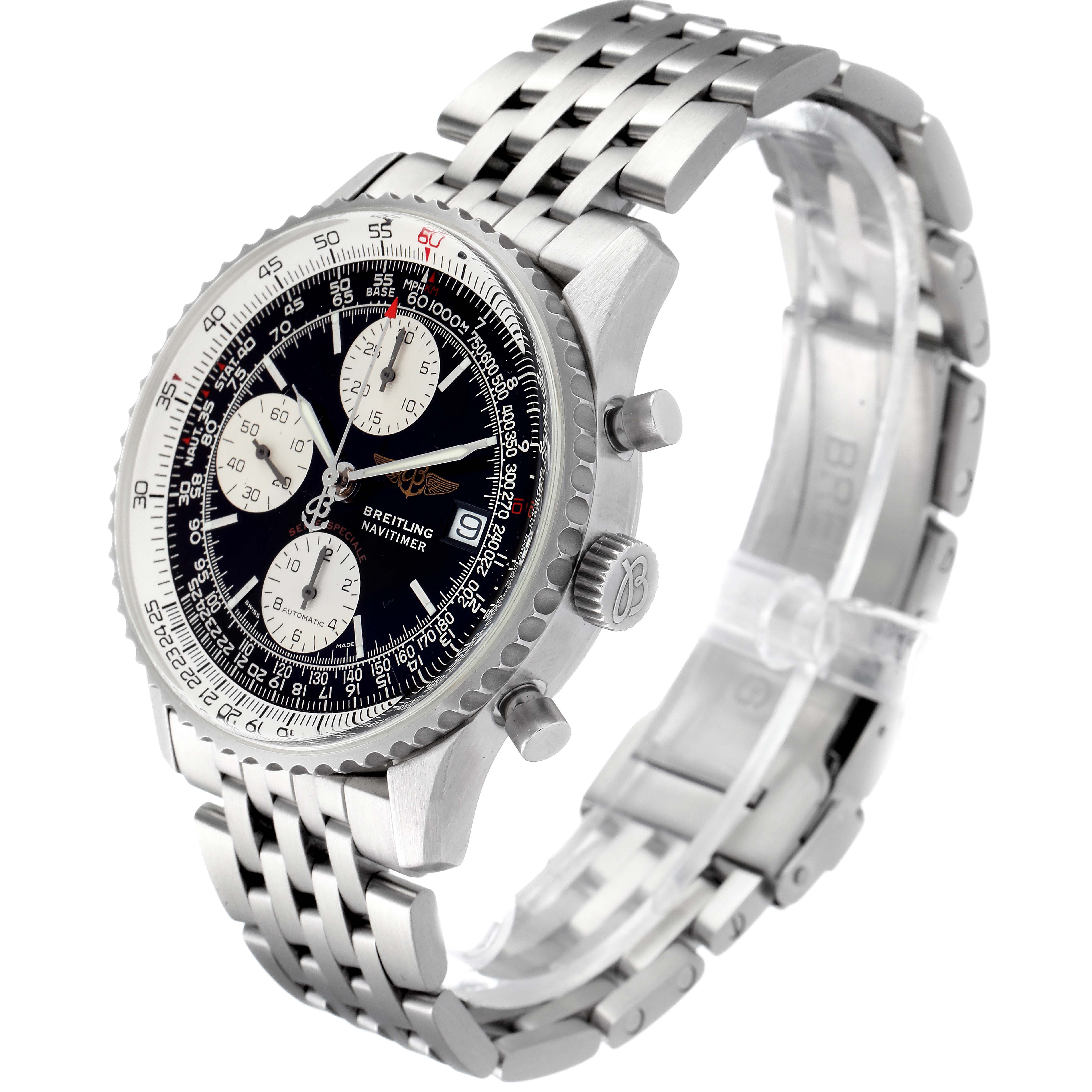 The image shows a Breitling Navitimer A13330 Men
s Stainless Steel Black Dial A13330 Men
s Stainless Steel Black Dial watch at an angle highlighting its face, crown, pushers, and metal bracelet.