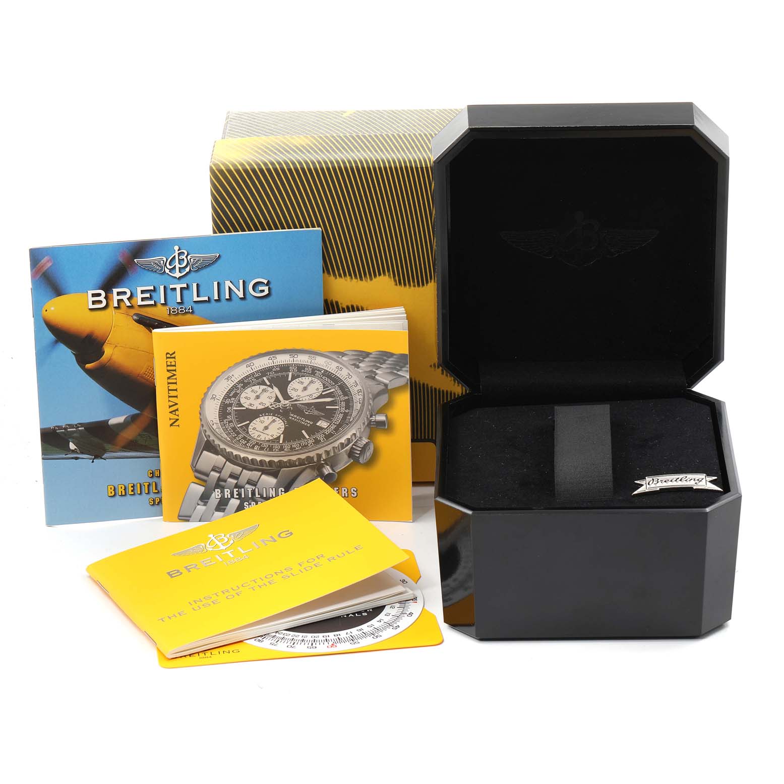 The image shows a Breitling Navitimer A13330 Men
s Stainless Steel Black Dial A13330 Men
s Stainless Steel Black Dial watch box, user manuals, and a warranty booklet from a front angle.